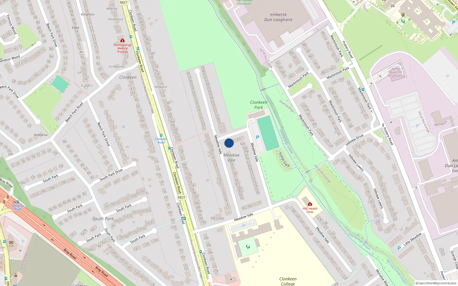Overhead map showing the location of 58 Meadow Vale, Deansgrange, Blackrock