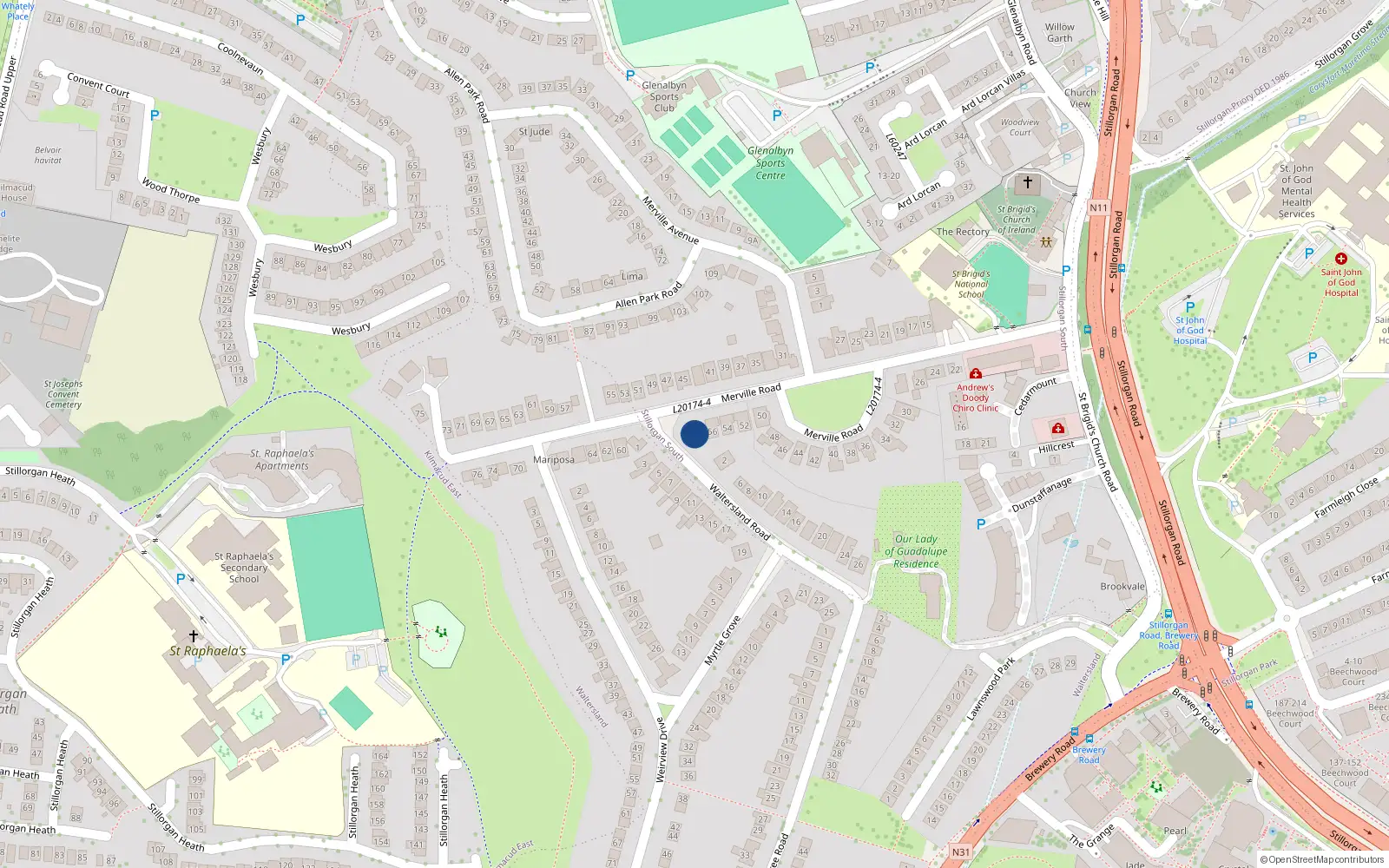 Overhead map showing the location of 58 Merville Road, Stillorgan, Dublin