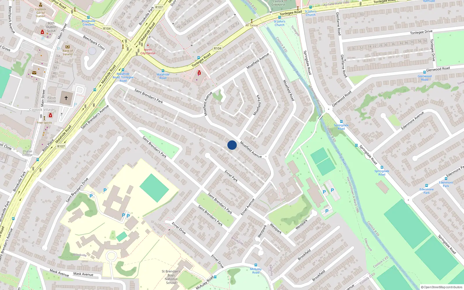 Overhead map showing the location of 58 Moatfield Avenue, St Brendans Estate, Coolock Dublin 5