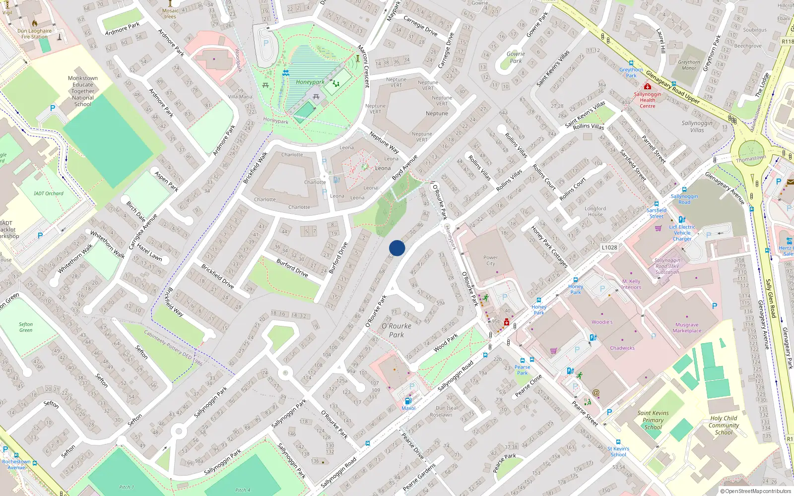 Overhead map showing the location of 58 Orourke Park, Sallynoggin, Dublin