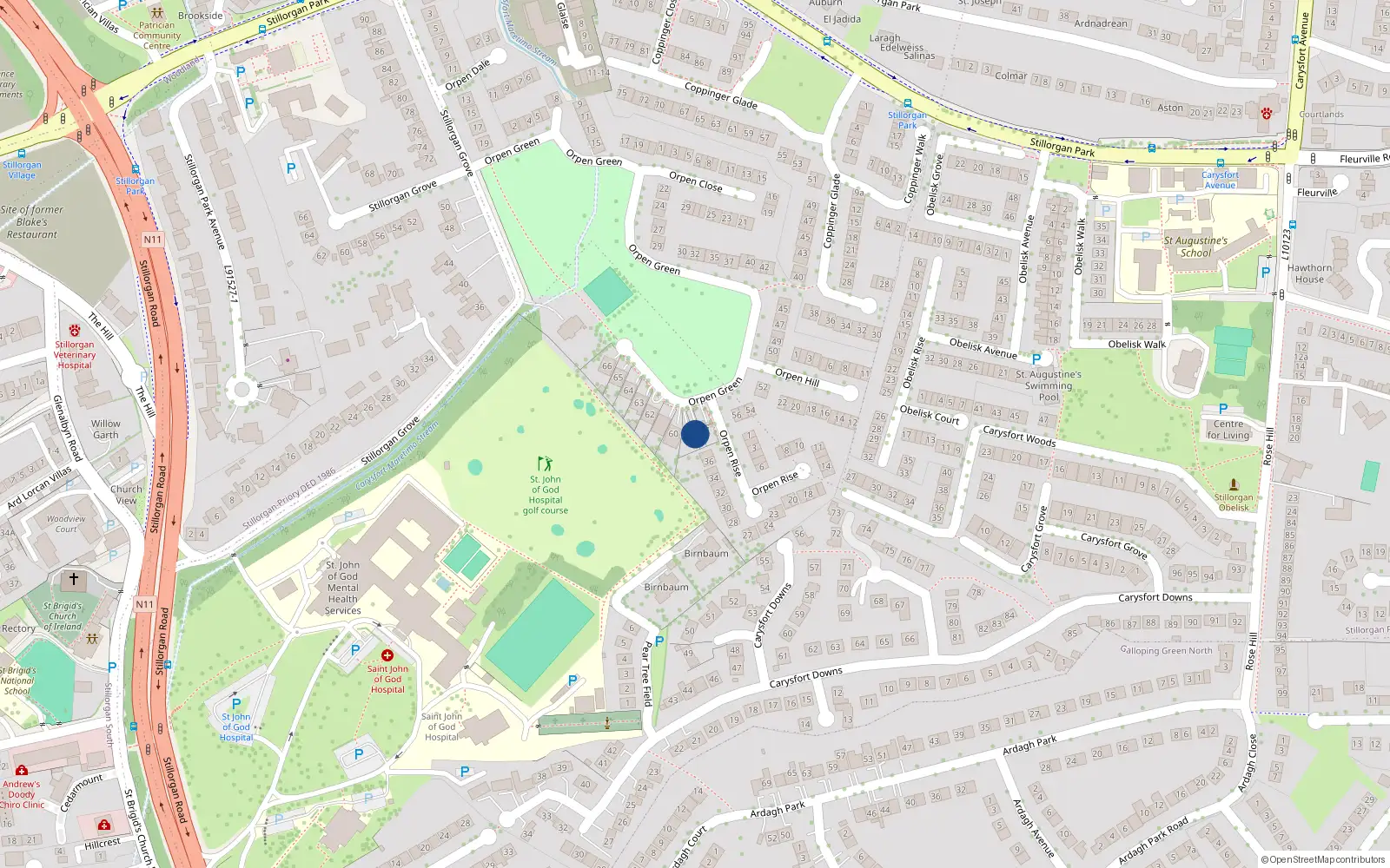 Overhead map showing the location of 58 Orpen Green, Stillorgan Grove, Blackrock