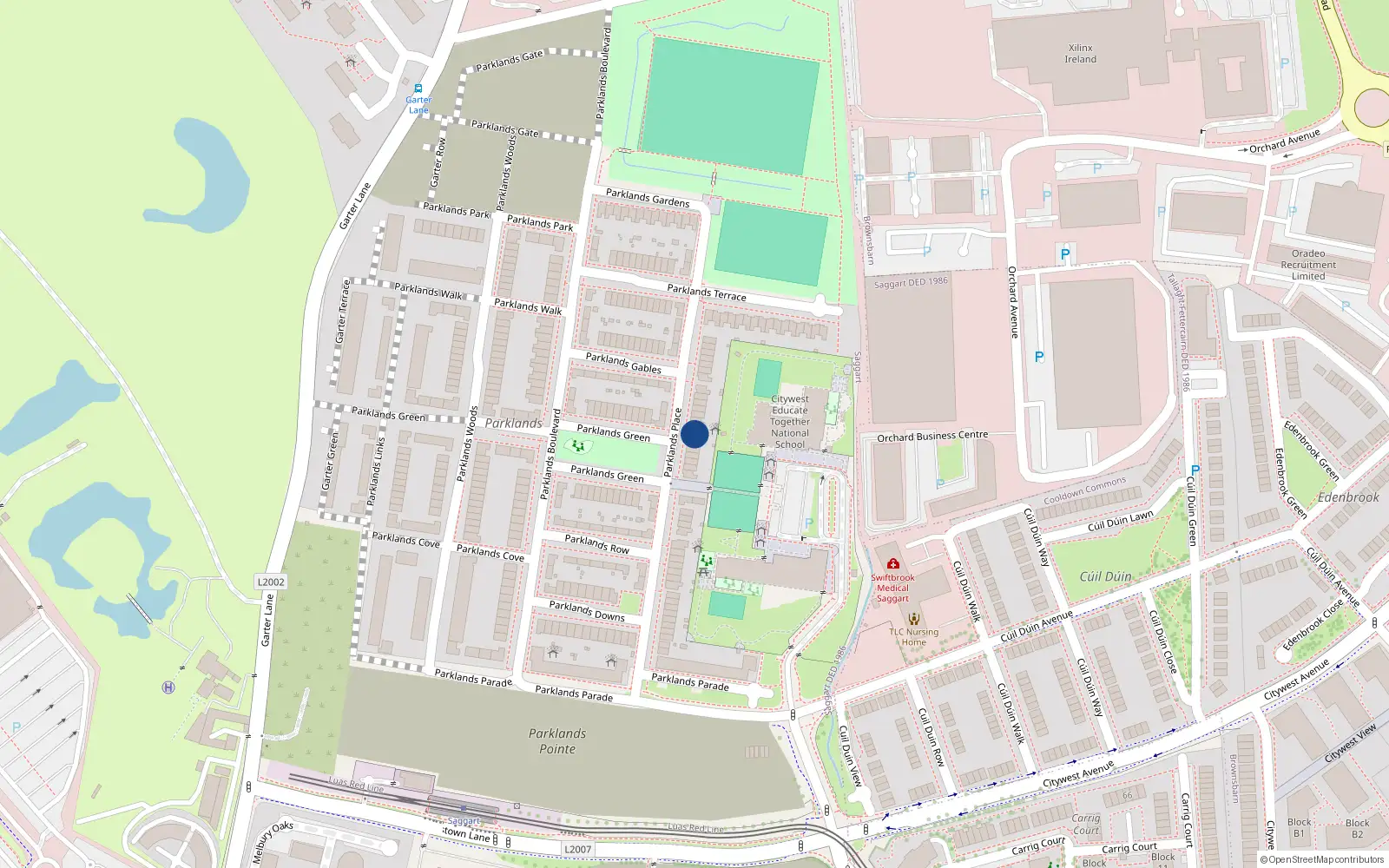 Overhead map showing the location of 58 Parklands Place, Saggart