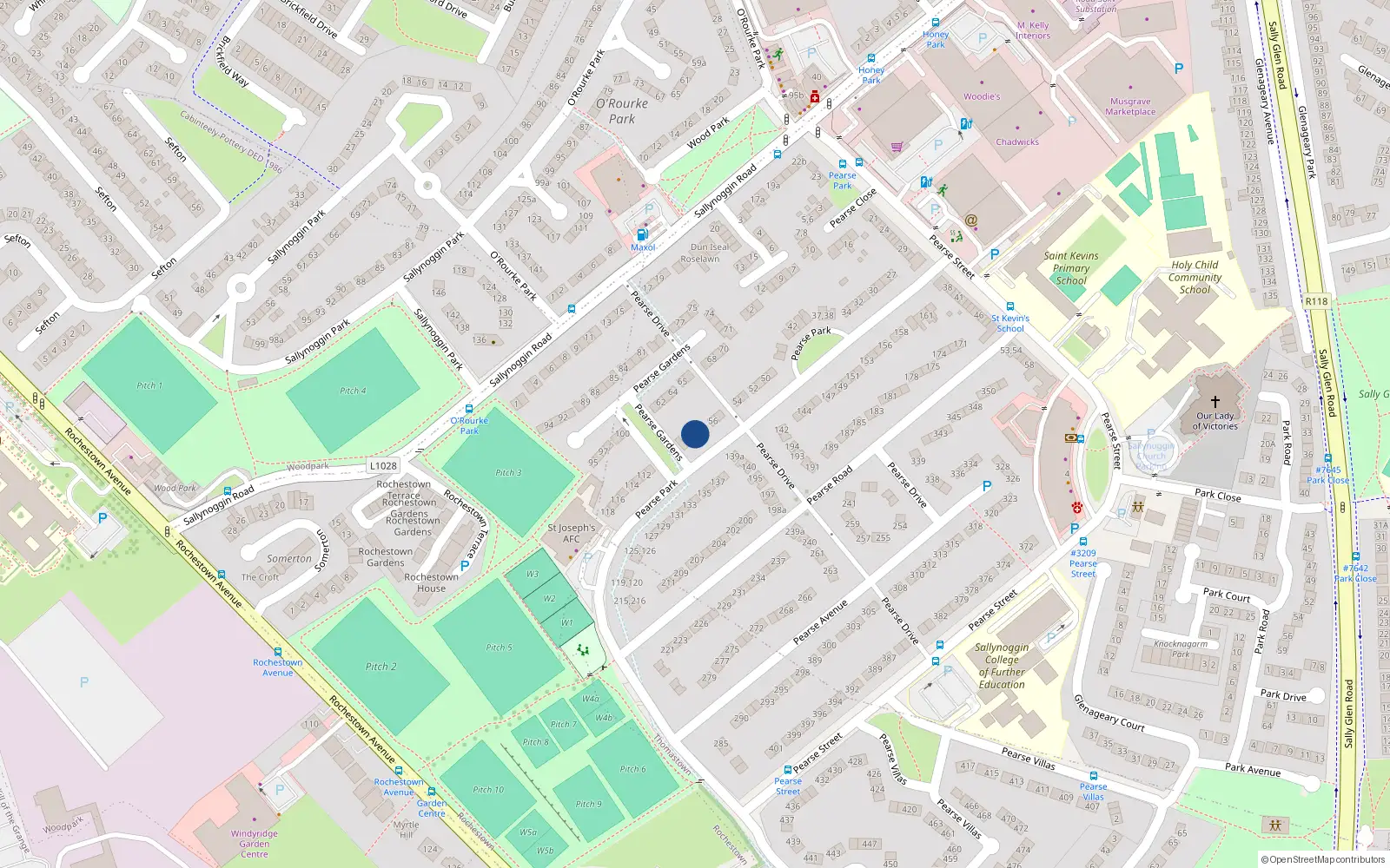 Overhead map showing the location of 58 Pearse Park, Sallynoggin, Co Dublin
