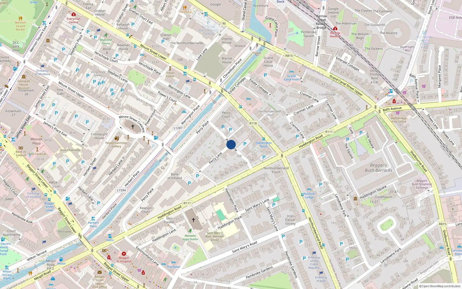 Overhead map showing the location of 58 Percy Lane, Dublin