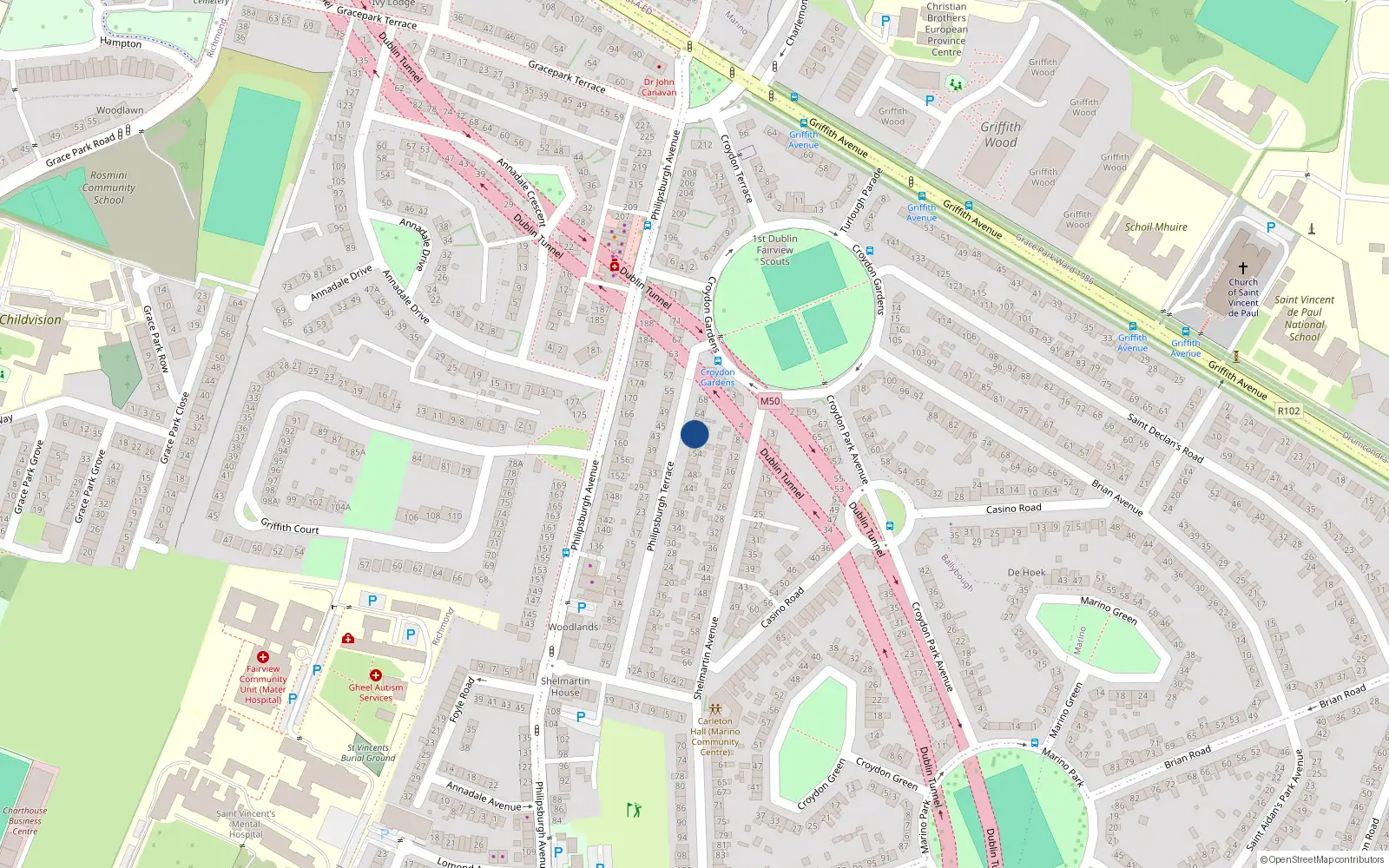 Overhead map showing the location of 58 Philipsburgh Terrace, Marino, Dublin 3