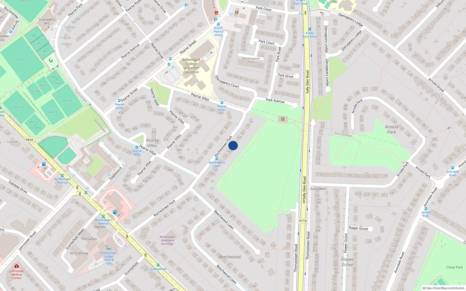 Overhead map showing the location of 58 Rochestown Park, Dún Laoghaire