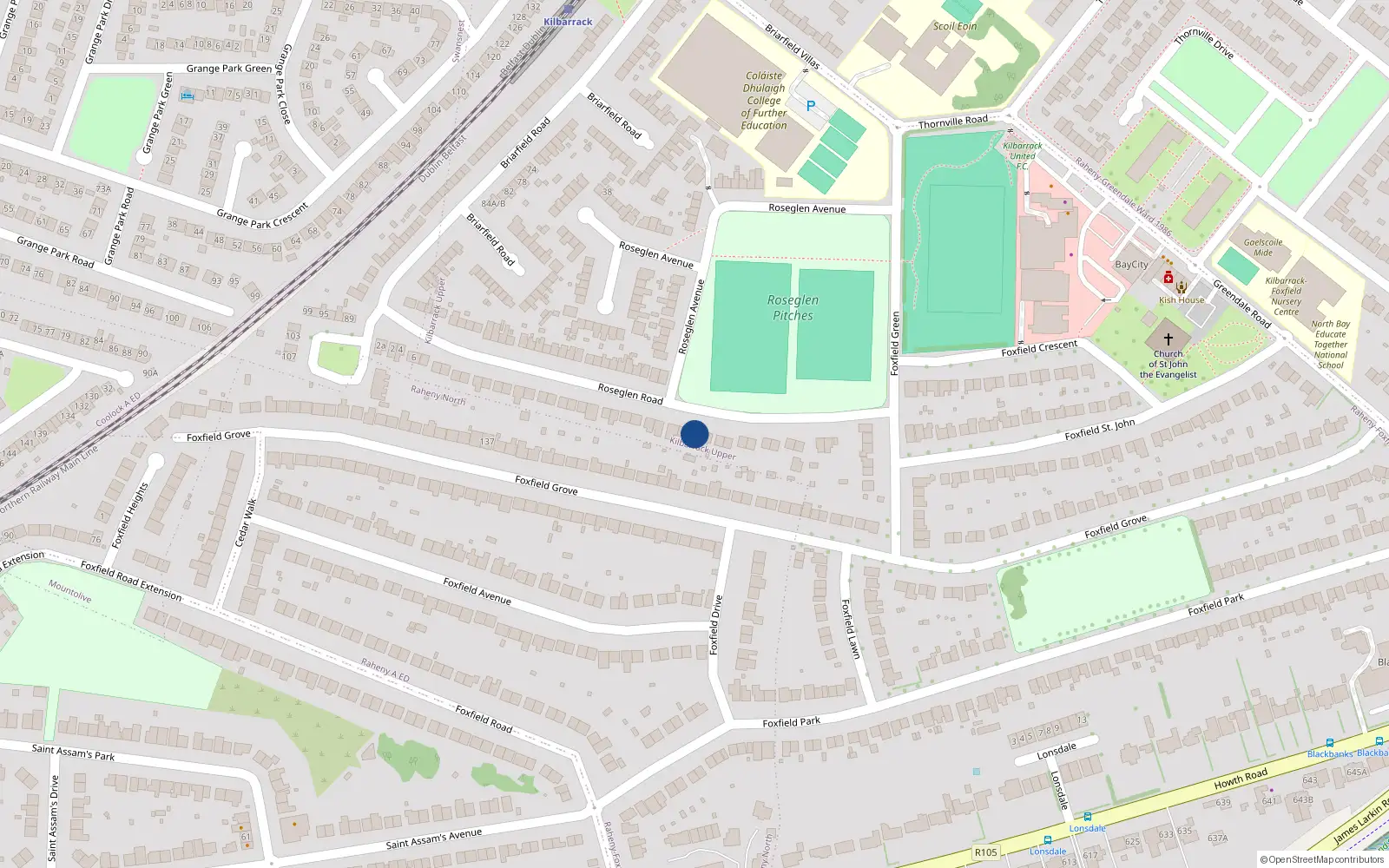 Overhead map showing the location of 58 Roseglen Road, Dublin 5