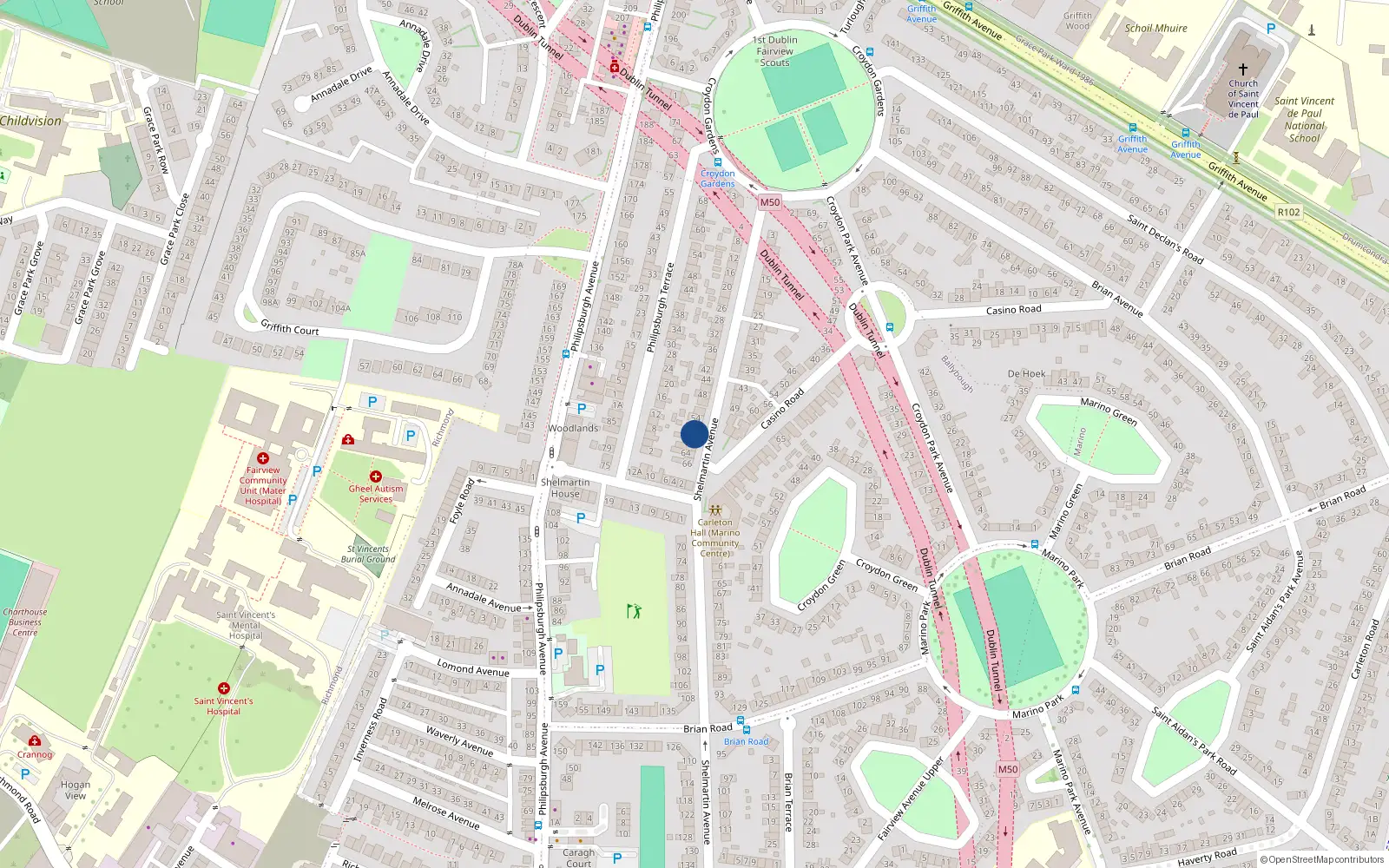 Overhead map showing the location of 58 Shelmartin Avenue, Dublin 3