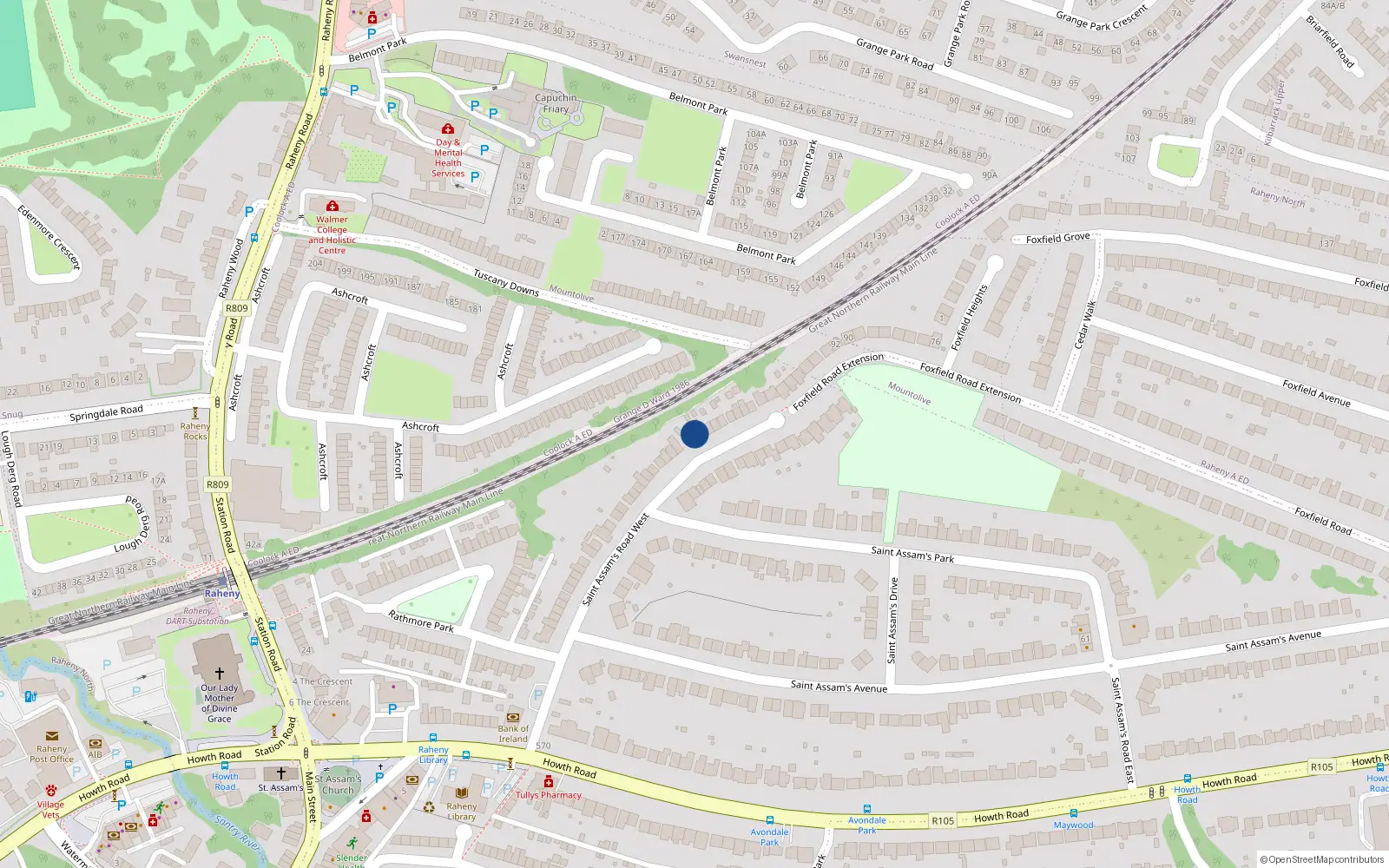 Overhead map showing the location of 58 St Assams Road West, Raheny, Dublin 5
