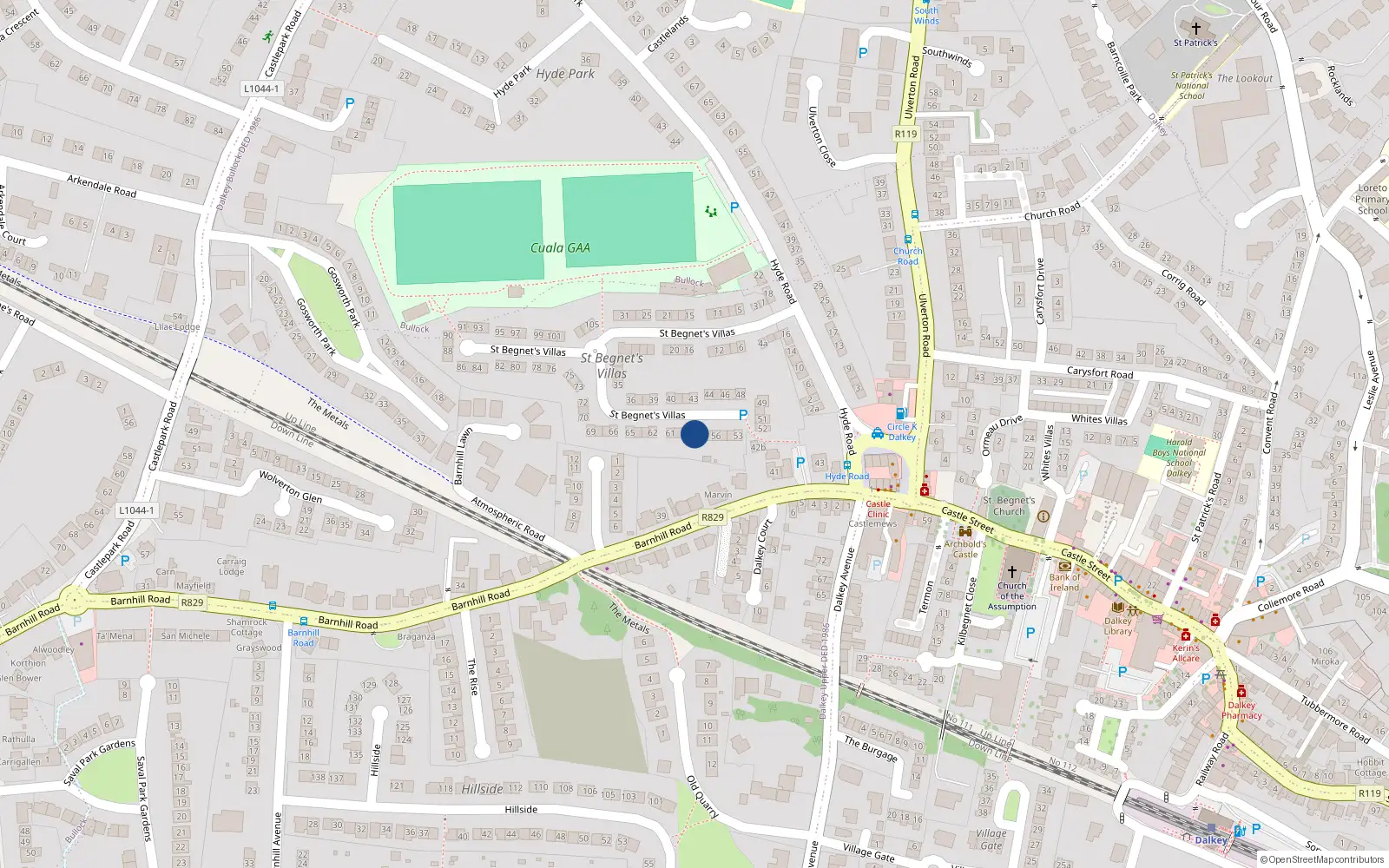 Overhead map showing the location of 58 St Begnets Villas, Dalkey, Dublin