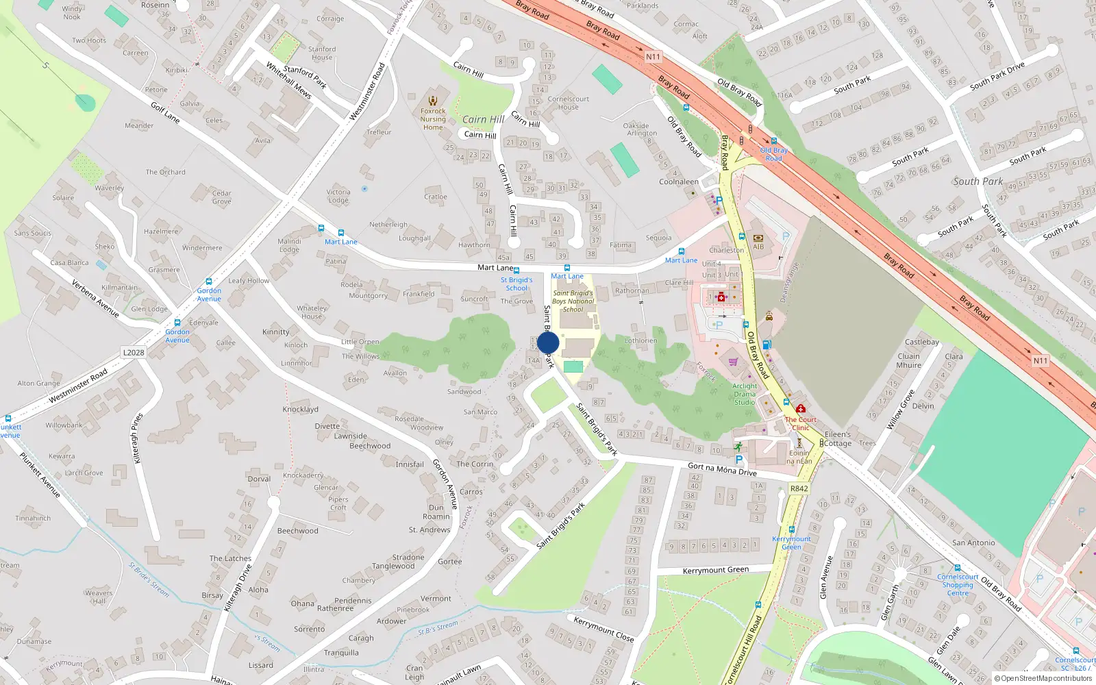 Overhead map showing the location of 58 Saint Brigid's Park, Foxrock