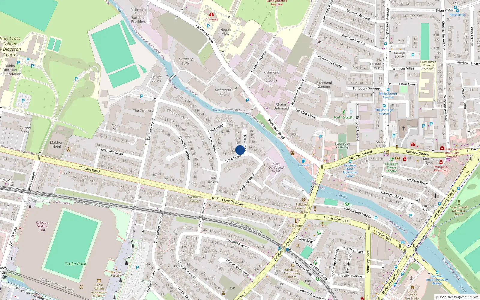 Overhead map showing the location of 58 Tolka Road, Dublin 3