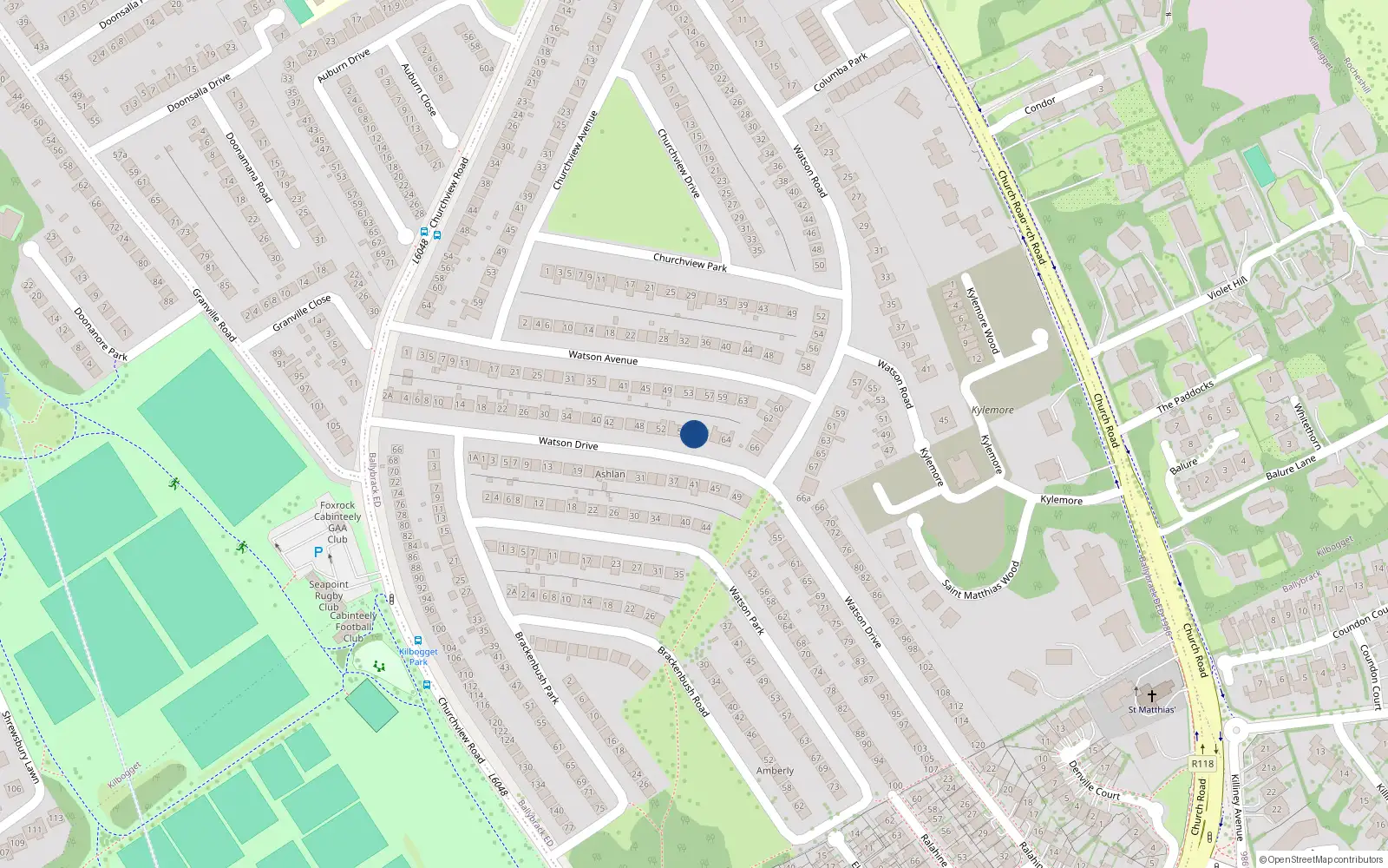 Overhead map showing the location of 58 Watson Drive, Killiney, Dublin