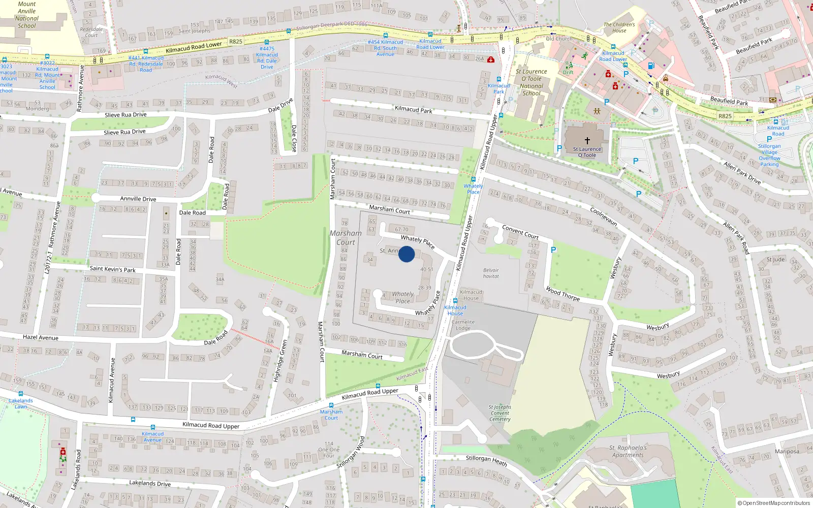 Overhead map showing the location of 58 Whatley Place, Kilmacud Road Upper, Stillorgan