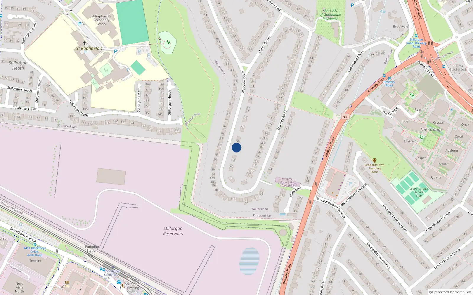 Overhead map showing the location of 58 Wierview Drive, Stillorgan, Dublin