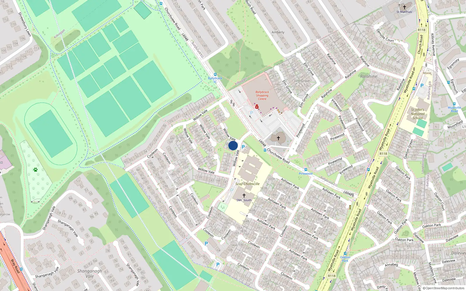 Overhead map showing the location of 58 Willow Vale, Ballybrack
