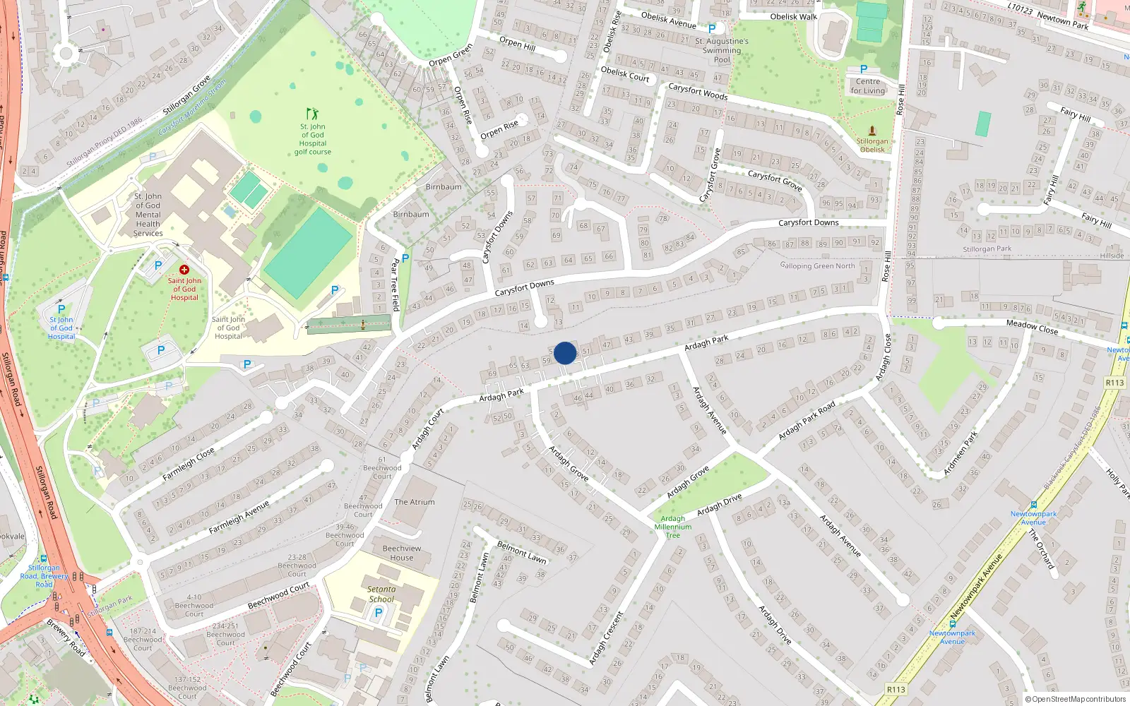 Overhead map showing the location of 59 Ardagh Park, Blackrock