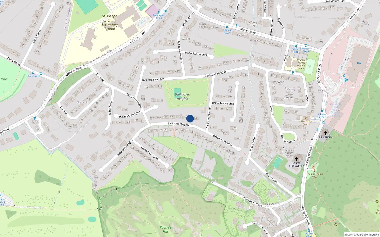 Overhead map showing the location of 59 Ballinclea Heights, Killiney