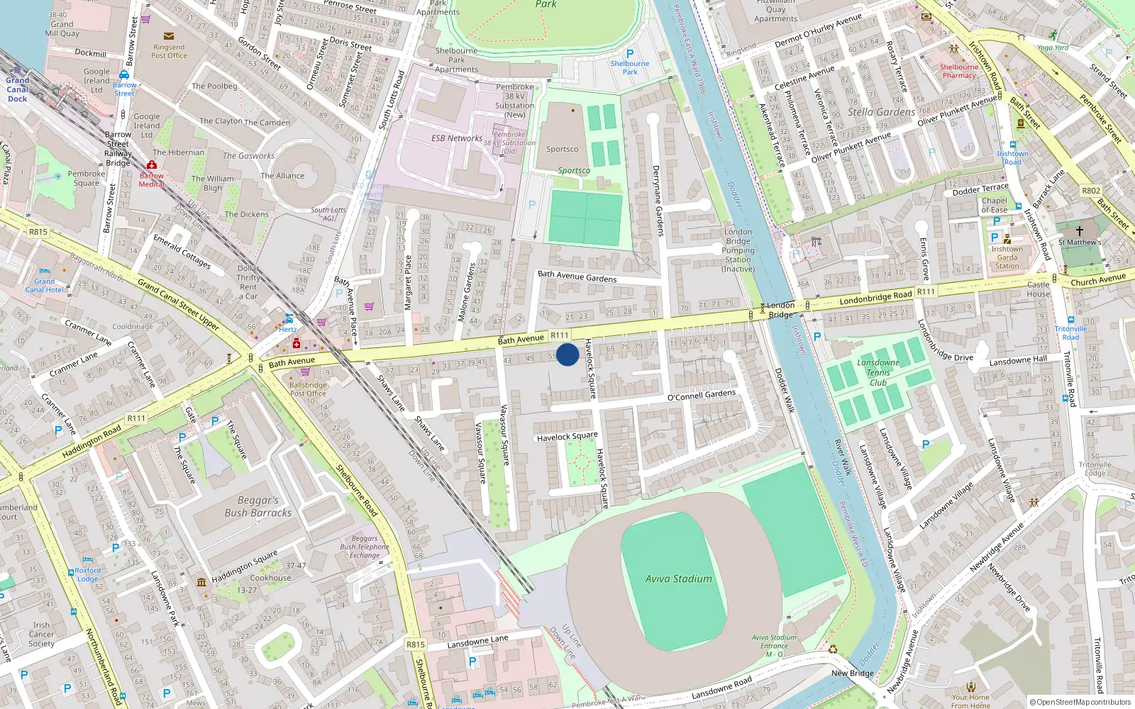 Overhead map showing the location of 59 Bath Avenue, Dublin 4