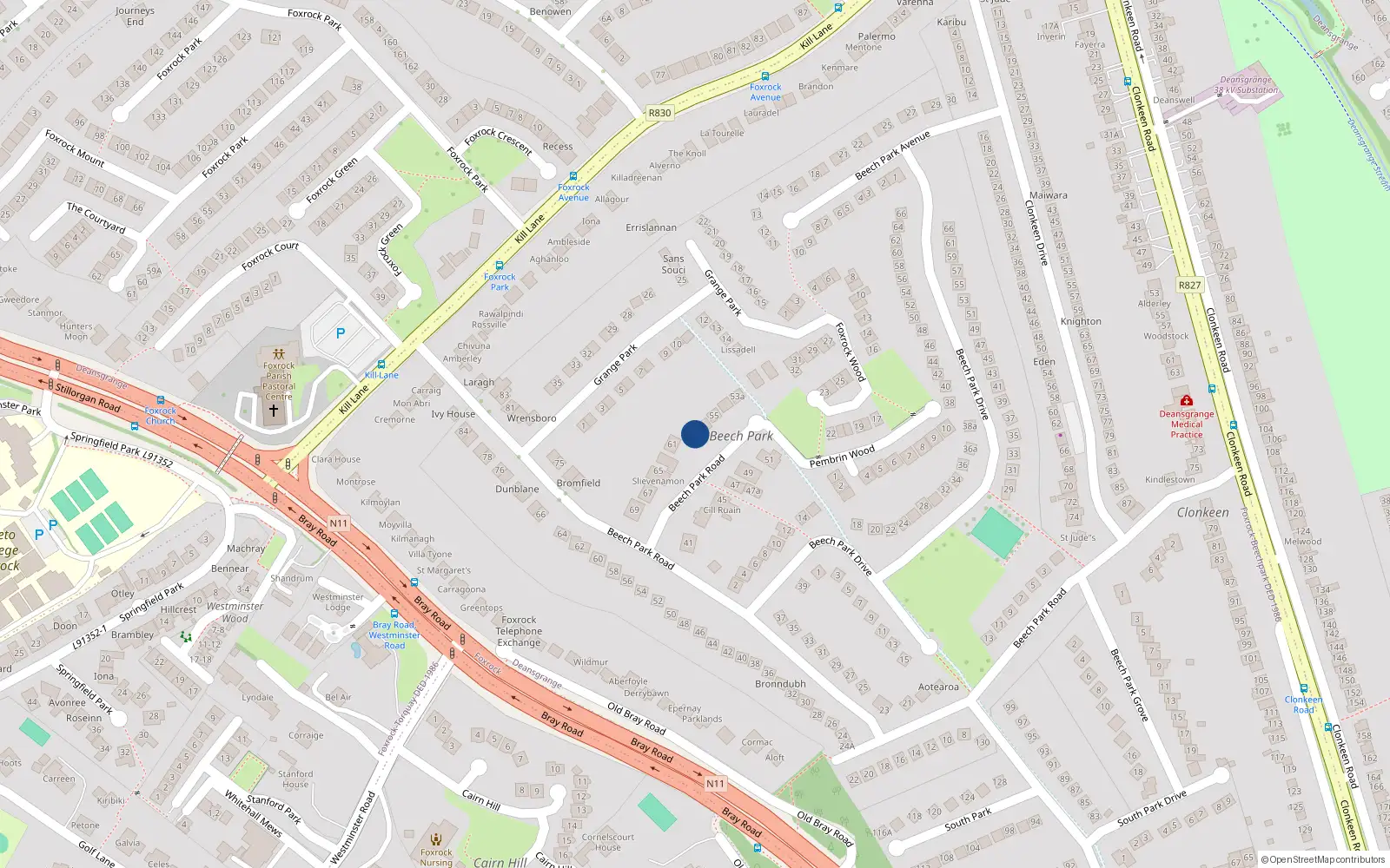 Overhead map showing the location of 59 Beech Park Road, Dublin 18