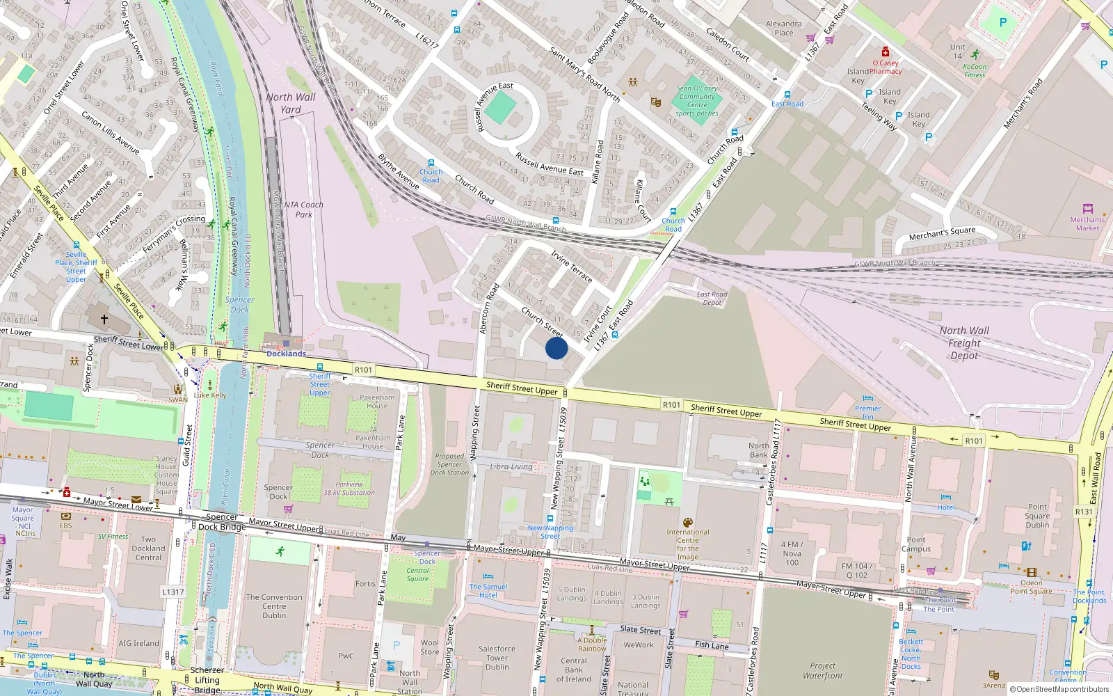 Overhead map showing the location of 59 Canon Hall, Church St East, East Wall Dublin 3
