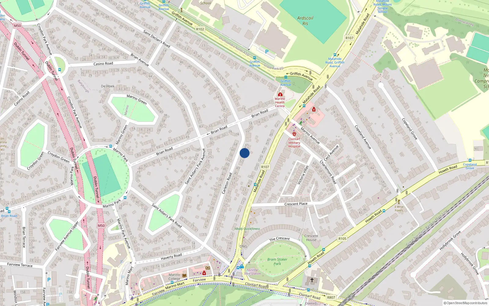 Overhead map showing the location of 59 Carleton Road, Dublin 3
