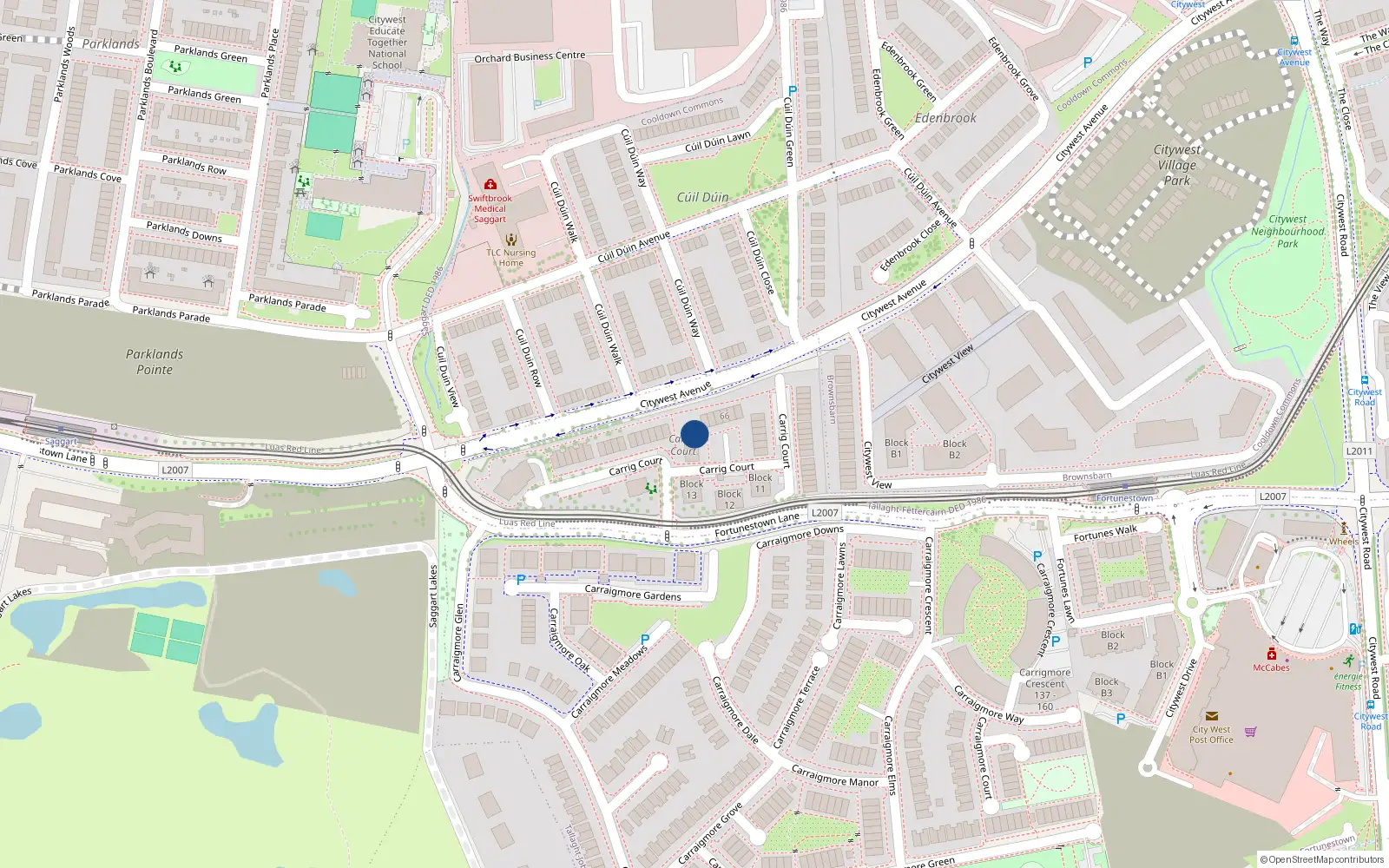 Overhead map showing the location of 59 Carrig Court, Saggart