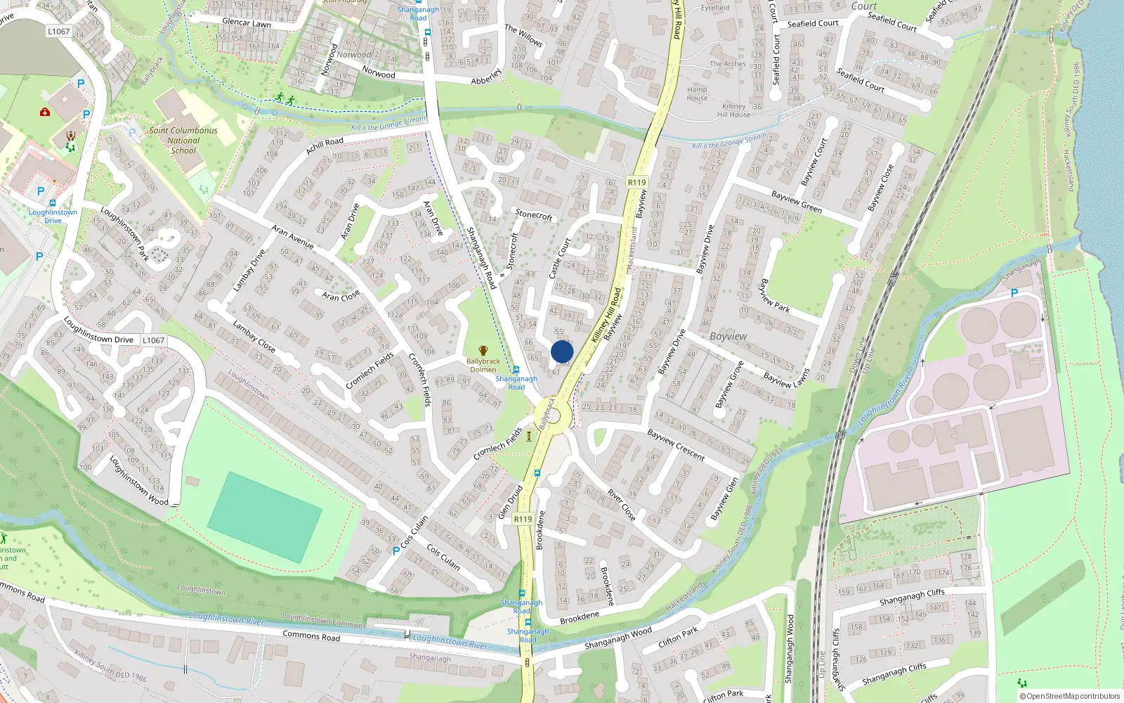 Overhead map showing the location of 59 Castle Court, Killiney