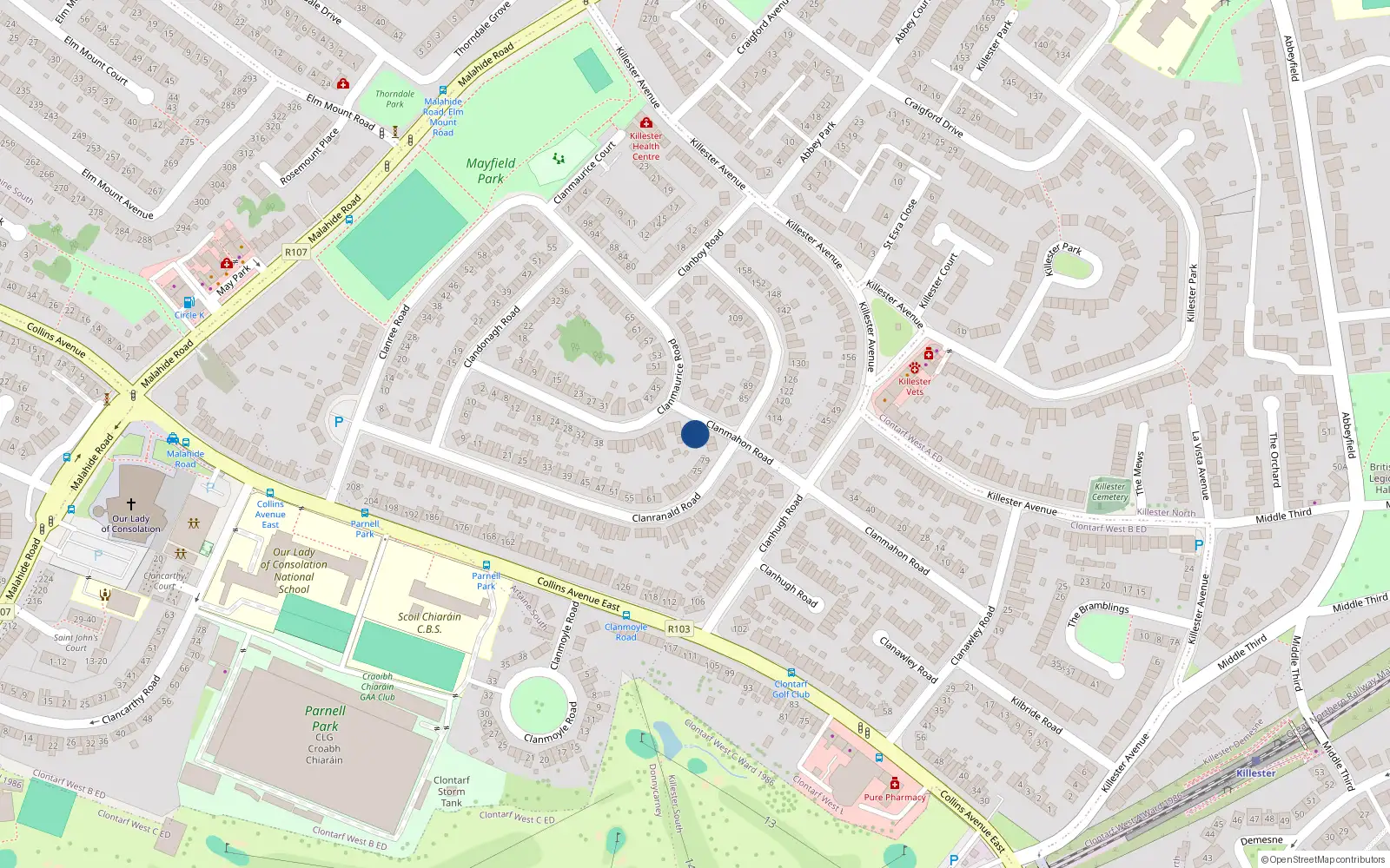 Overhead map showing the location of 59 Clanmahon Road, Dublin 5
