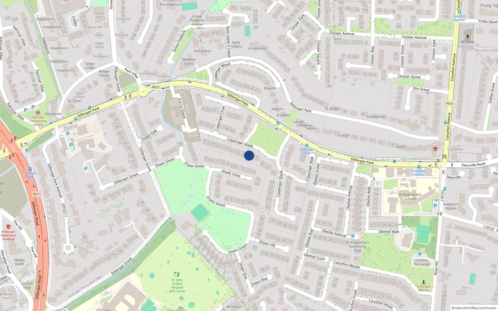 Overhead map showing the location of 59 Coppinger Glade, Blackrock, Dublin