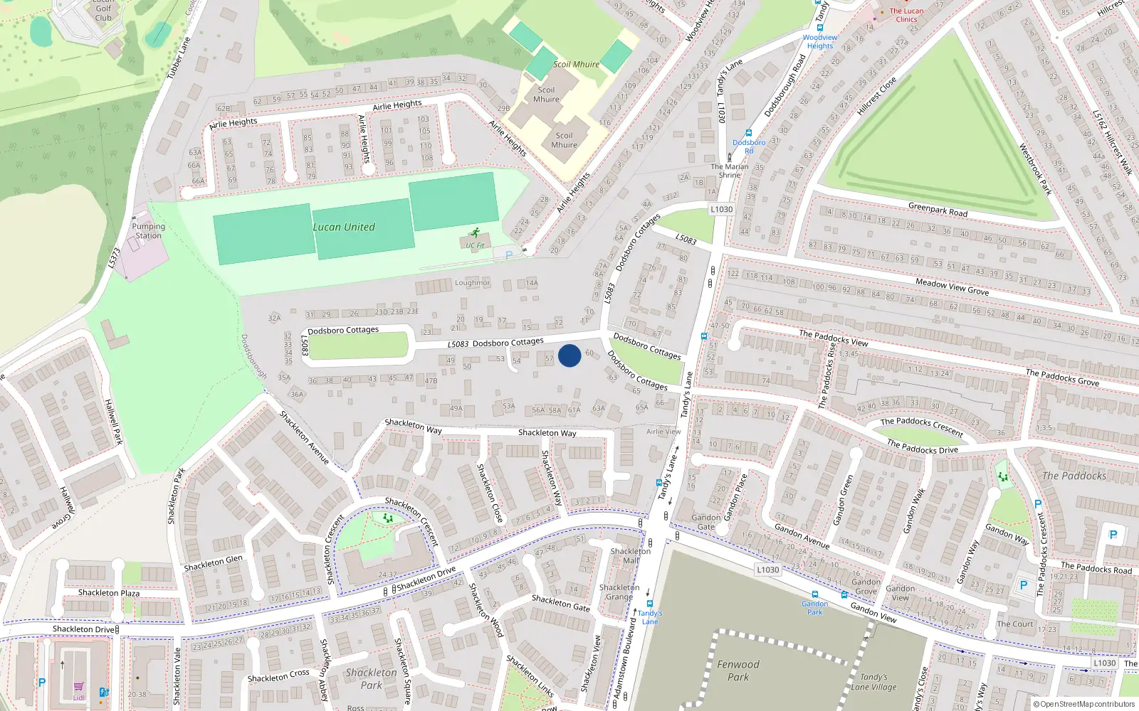 Overhead map showing the location of 59 Dodsborough Cottages, Lucan