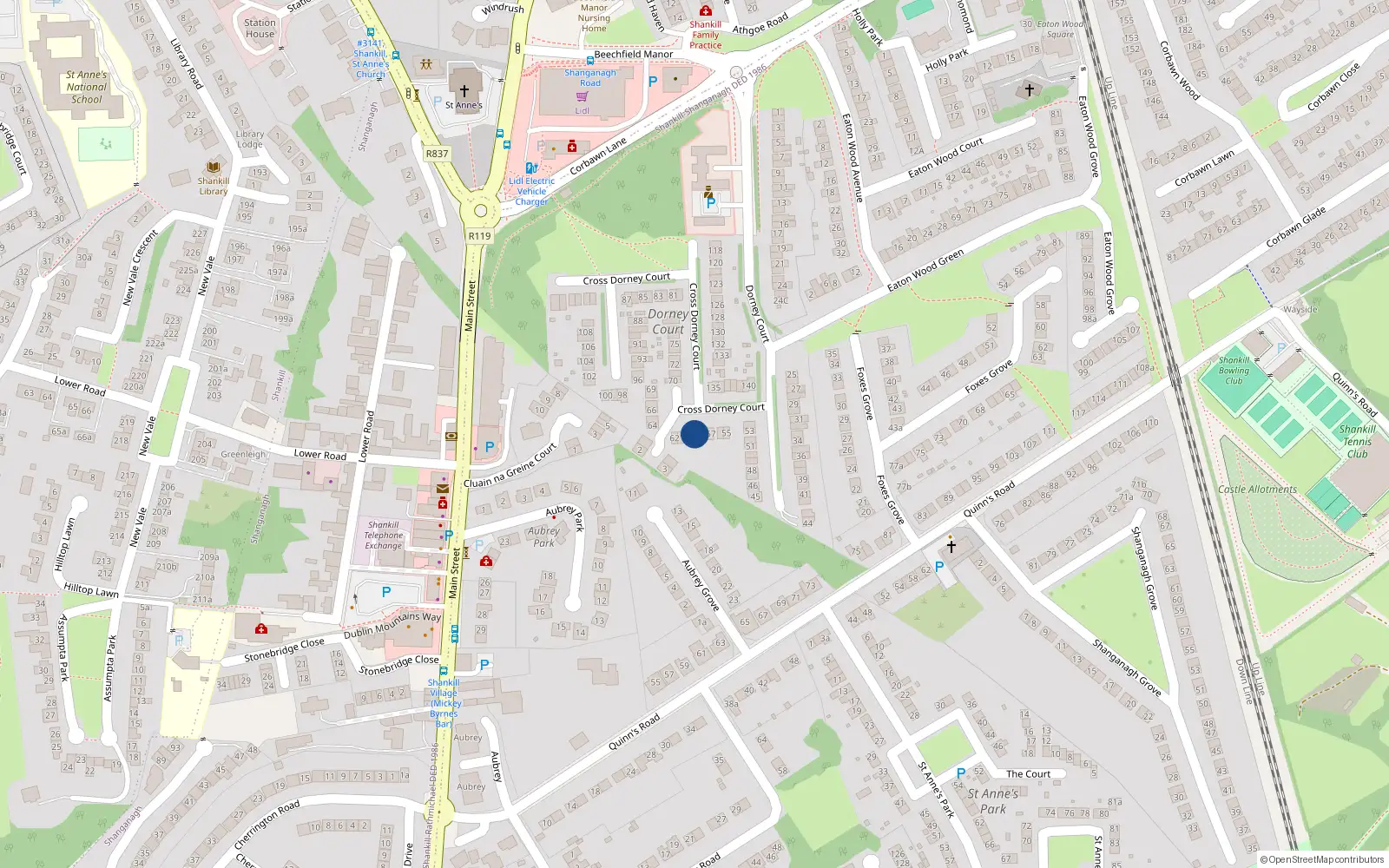 Overhead map showing the location of 59 Dorney Court, Shankill