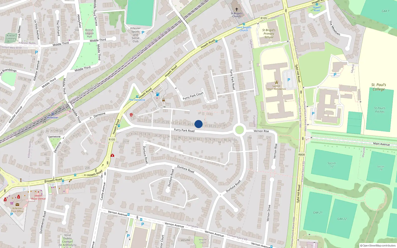 Overhead map showing the location of 59 Furry Park Road, Dublin 5