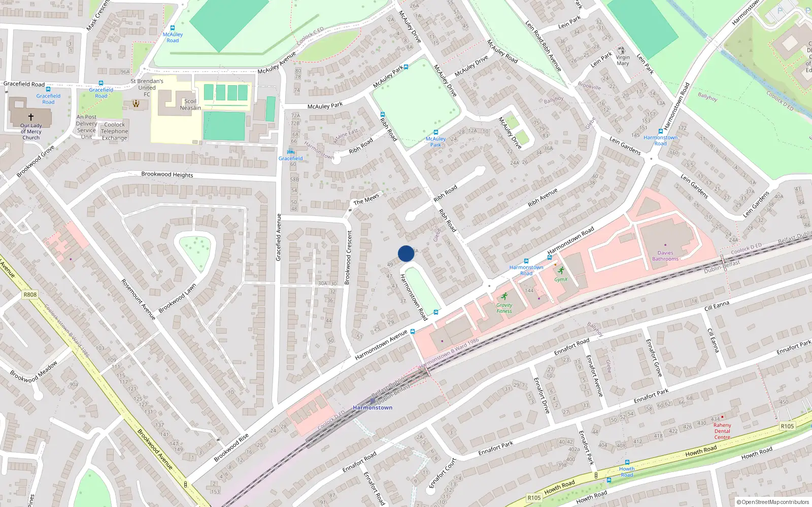 Overhead map showing the location of 59 Harmonstown Road, Artane, Dublin 5
