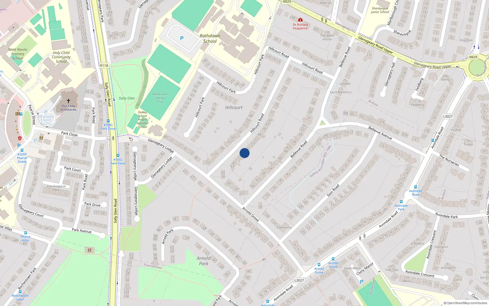 Overhead map showing the location of 59 Hillcourt Road, Glenageary, Dublin