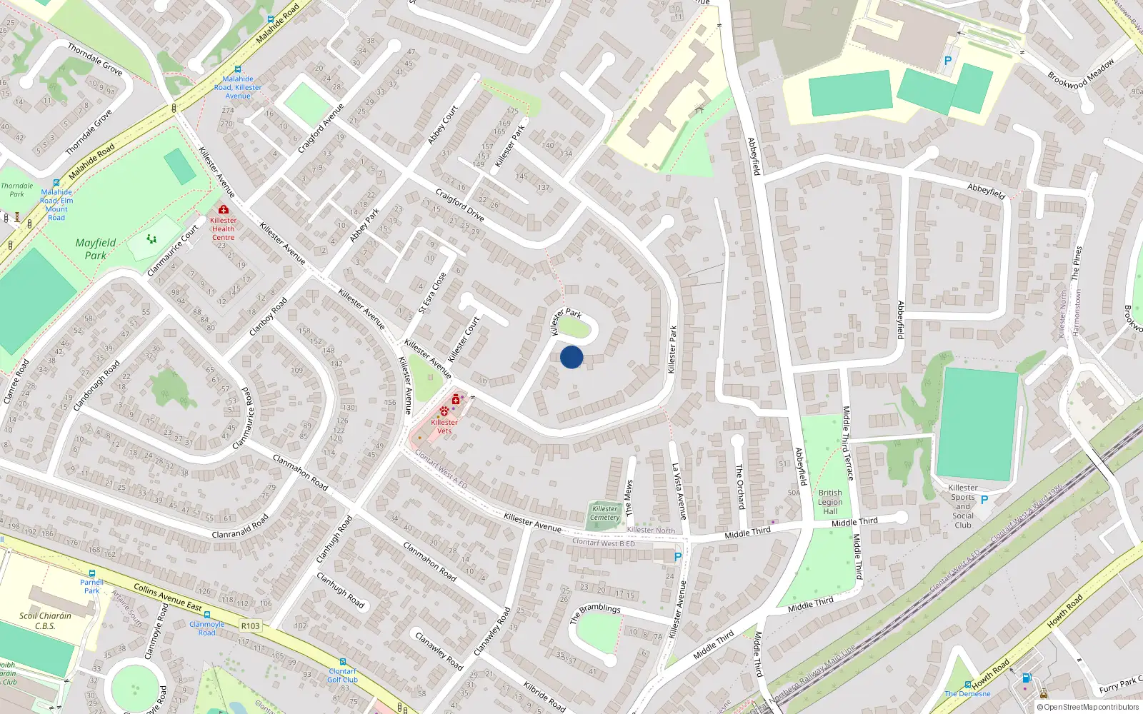 Overhead map showing the location of 59 Killester Park, Dublin 5