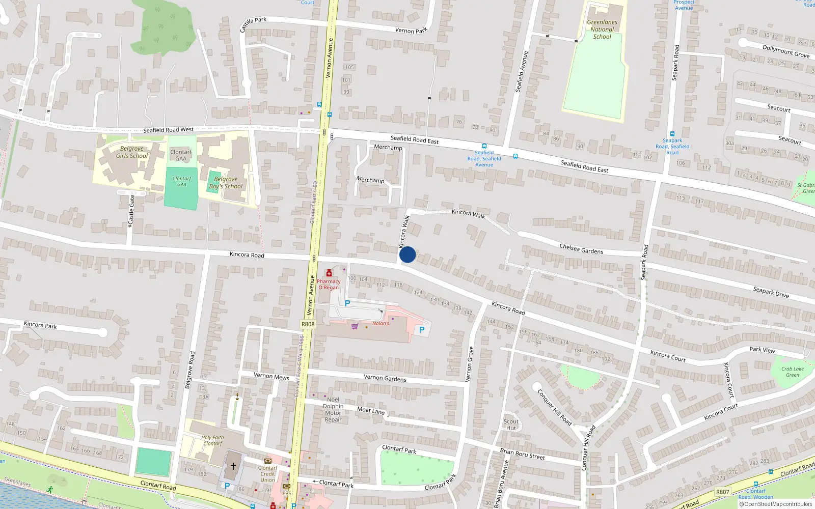 Overhead map showing the location of 59 Kincora Road Clontarf, Dublin 3, Dublin