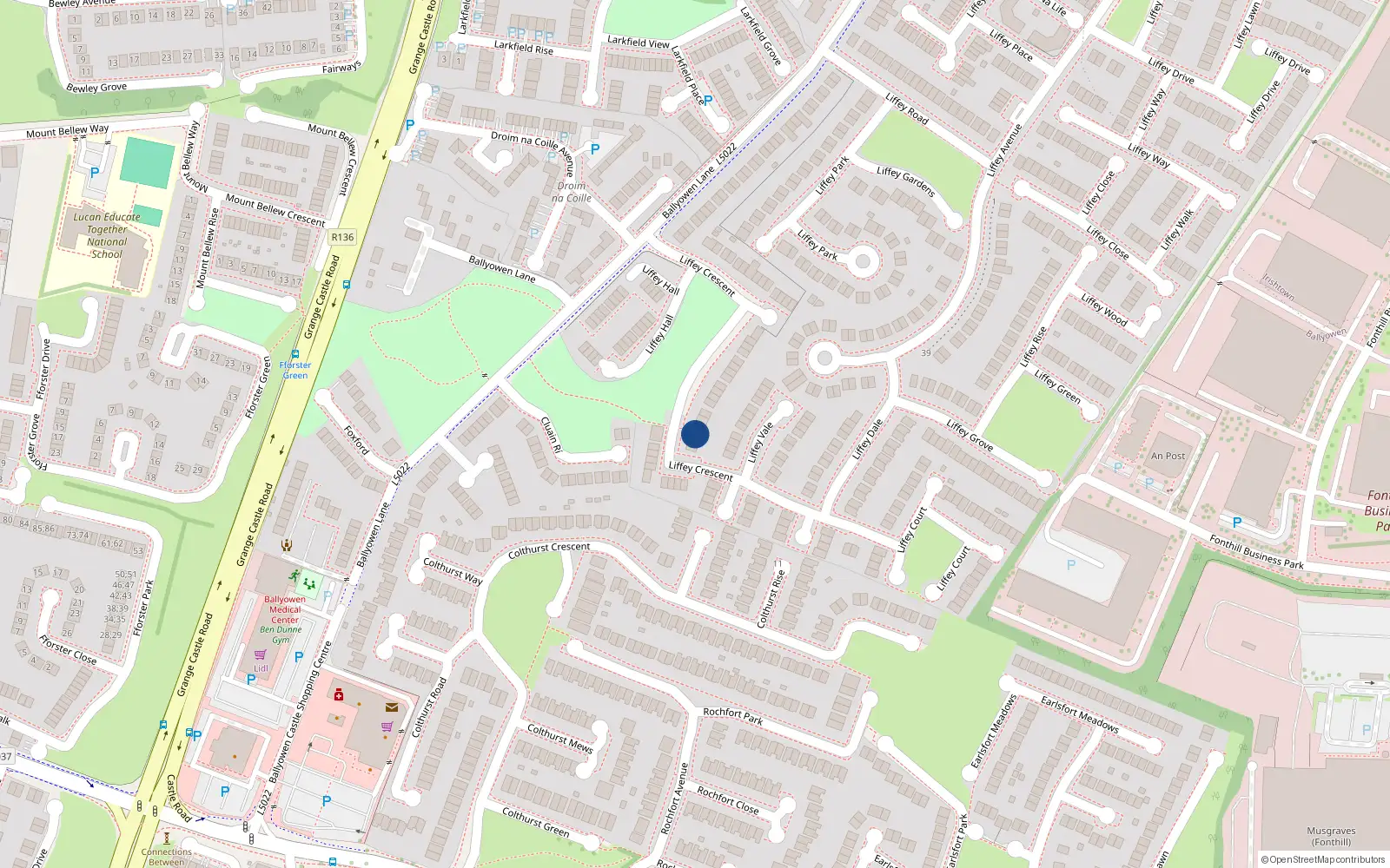 Overhead map showing the location of 59 Liffey Crescent, Lucan