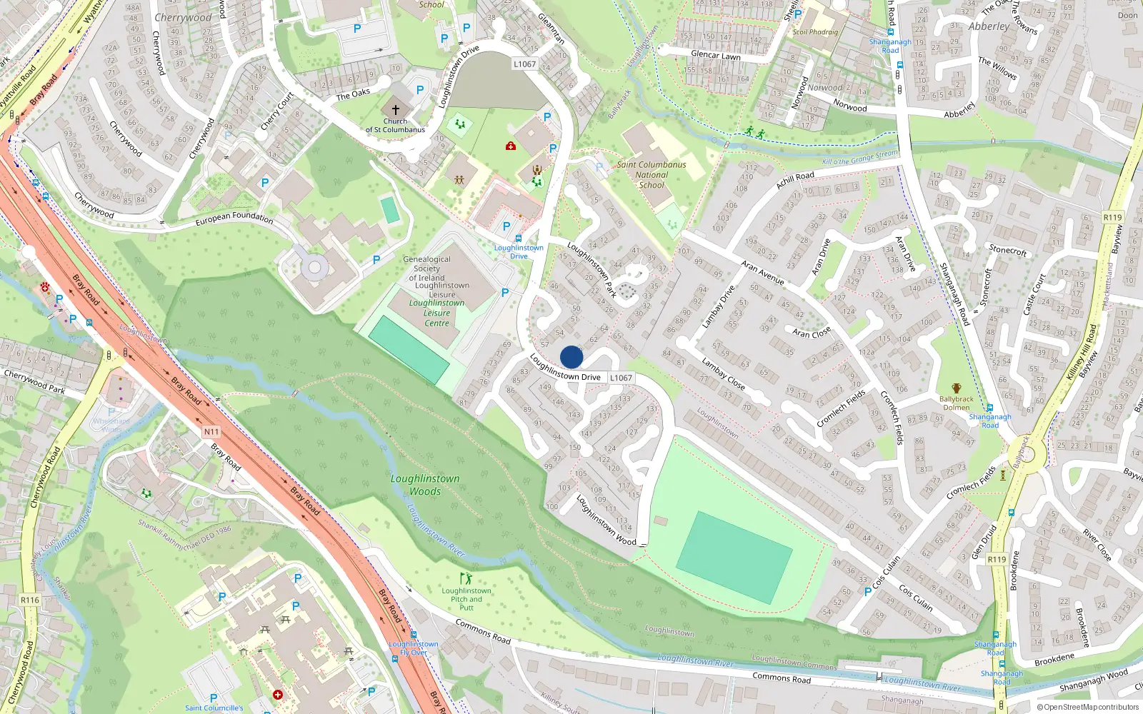 Overhead map showing the location of 59 Loughlinstown Park, Dublin