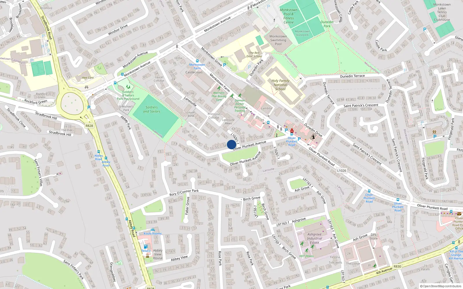 Overhead map showing the location of 59 Oliver Plunkett Avenue, Monkstown Farm, Dun Laoghaire