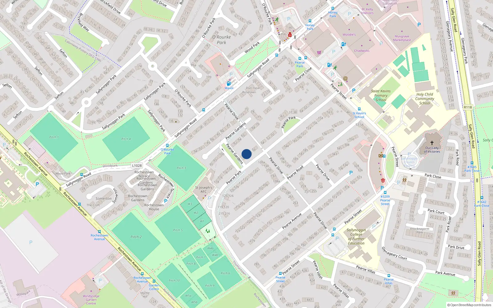 Overhead map showing the location of 59 Pearse Park, Sallynoggin