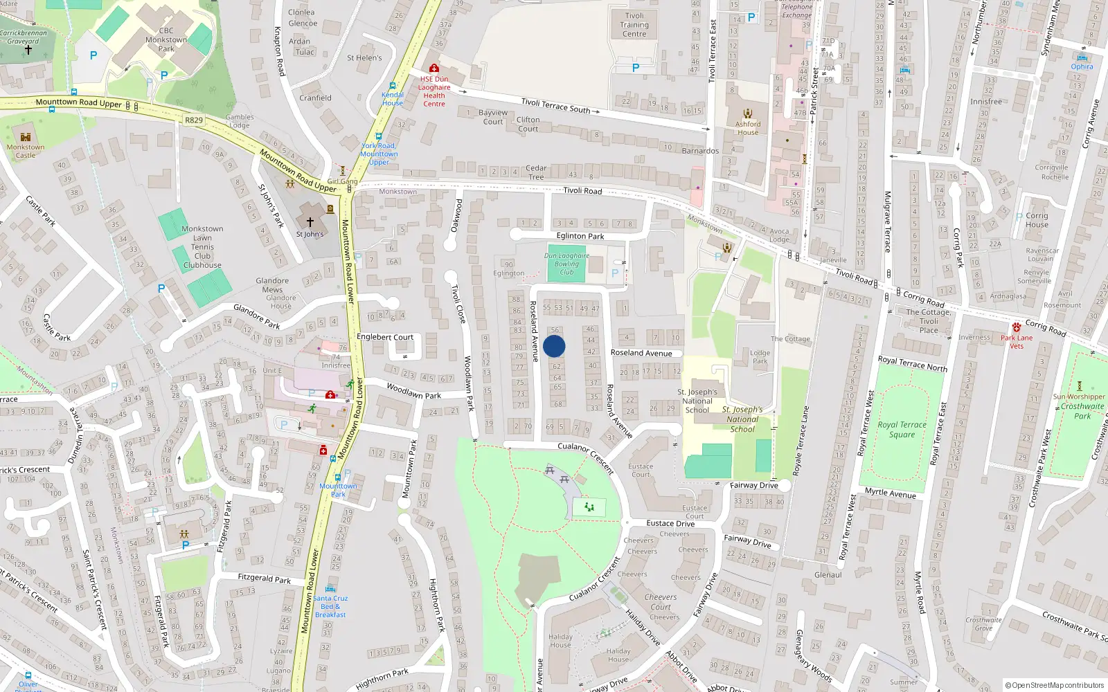 Overhead map showing the location of 59 Roseland Avenue Cualanor, Upper Glenageary Road, Dun Laoghaire
