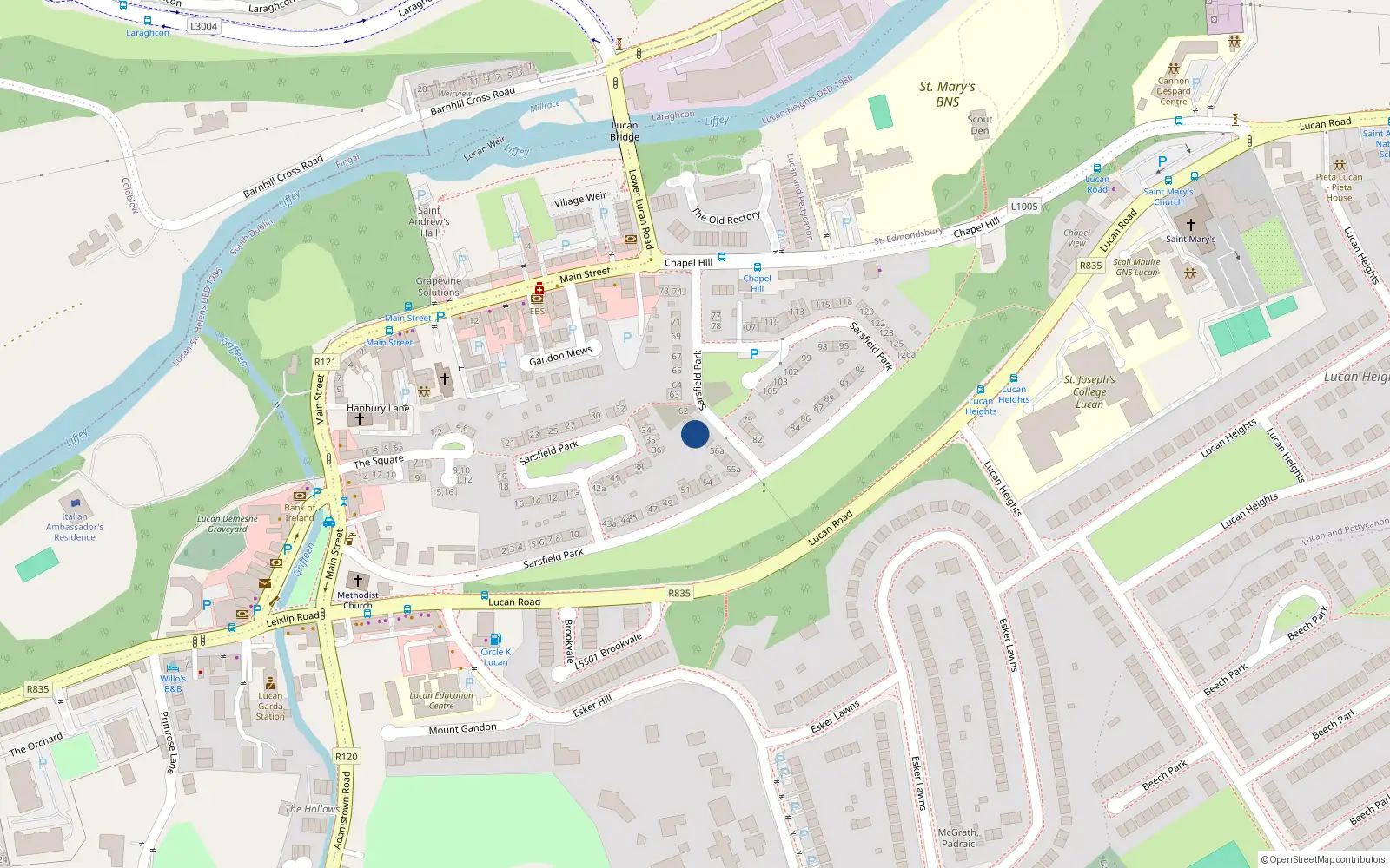 Overhead map showing the location of 59 Sarsfield Park, Lucan, Dublin