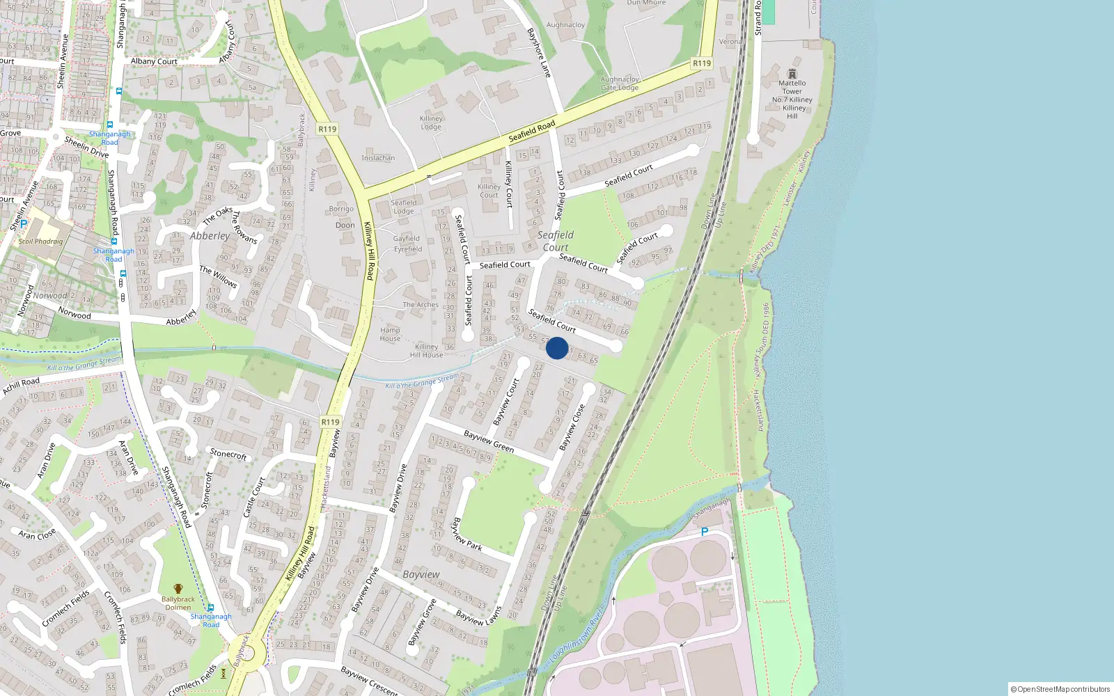 Overhead map showing the location of 59 Seafield Court, Killiney