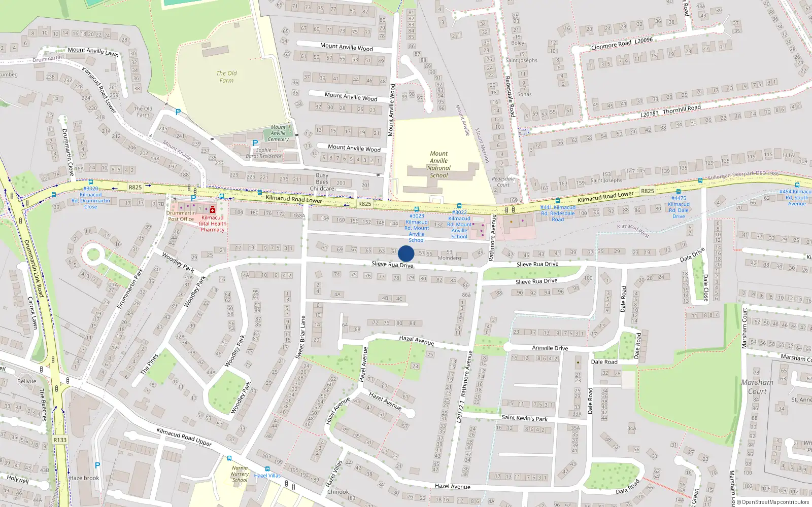 Overhead map showing the location of 59 Slieve Rua Drive, Stillorgan, Dublin