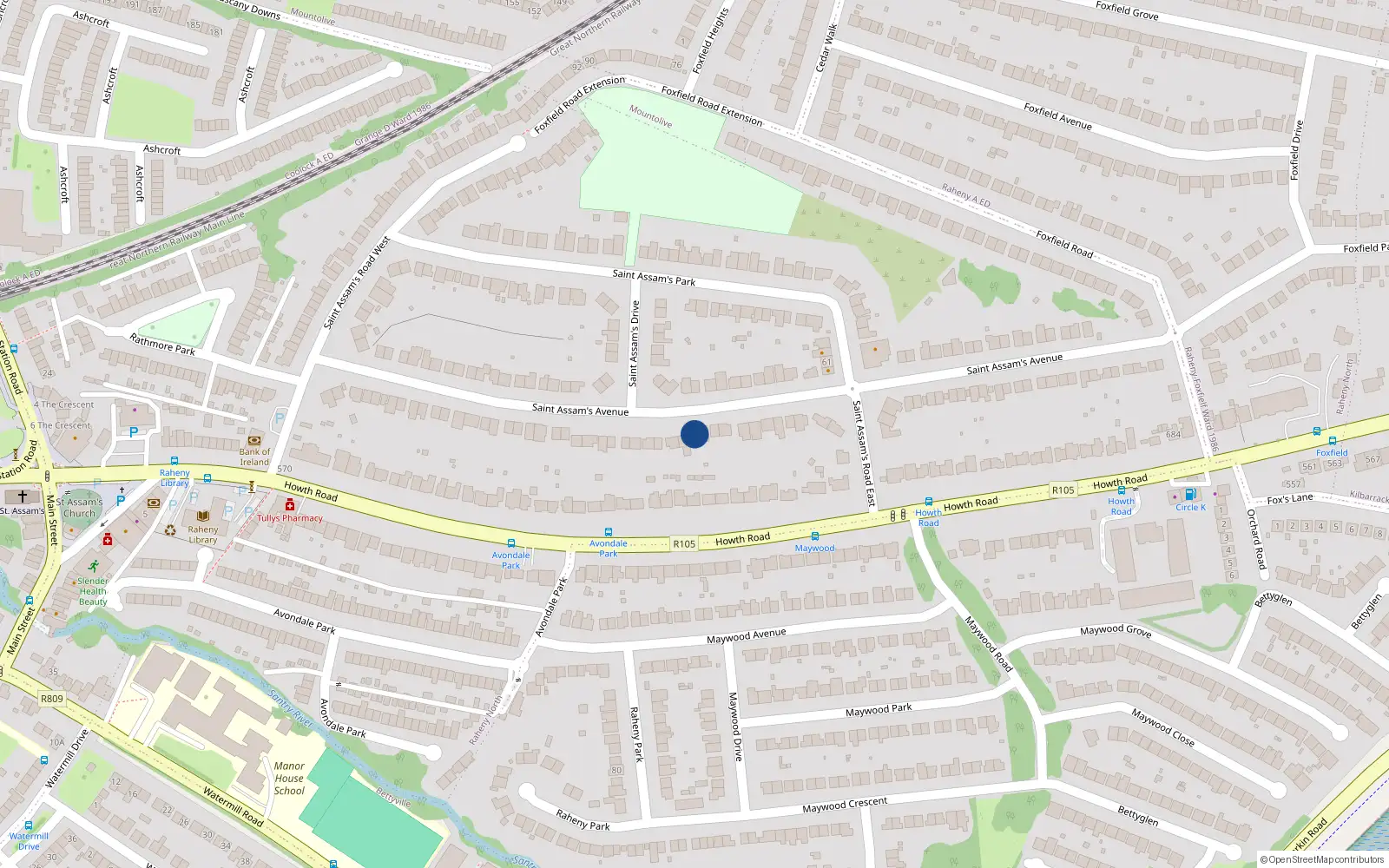 Overhead map showing the location of 59 St Assams Avenue, Raheny, Dublin 5