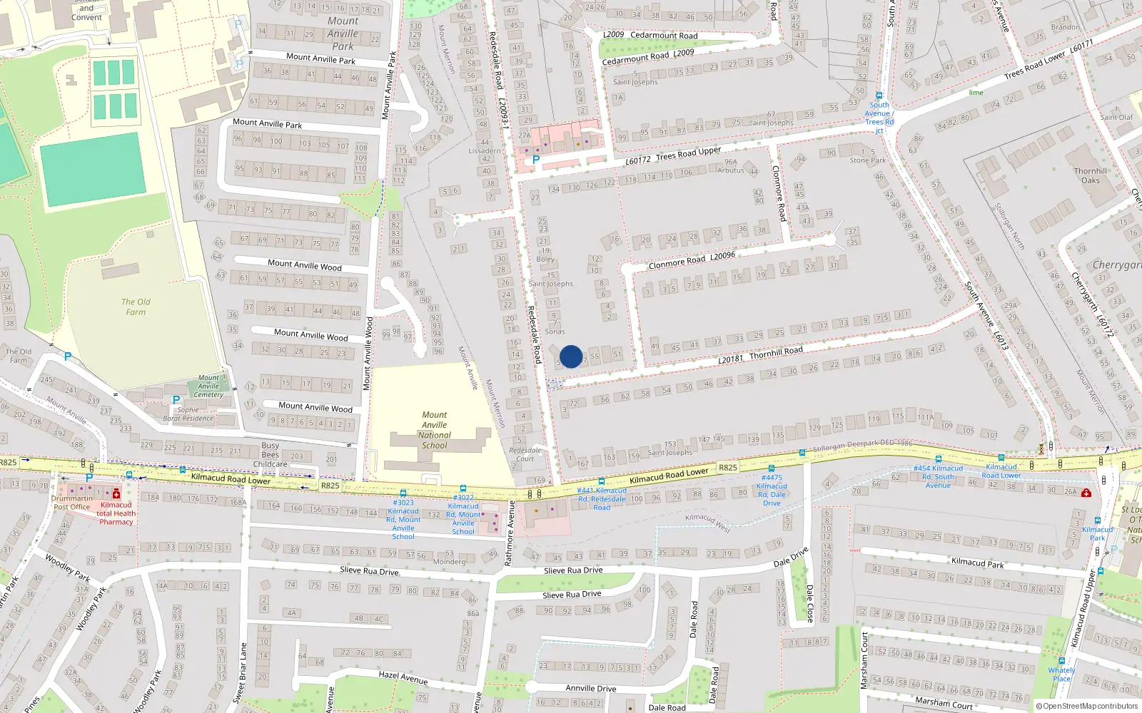 Overhead map showing the location of 59 Thornhill Road, Blackrock