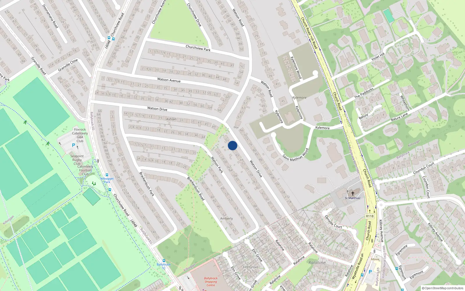 Overhead map showing the location of 59 Watson Drive, Killiney