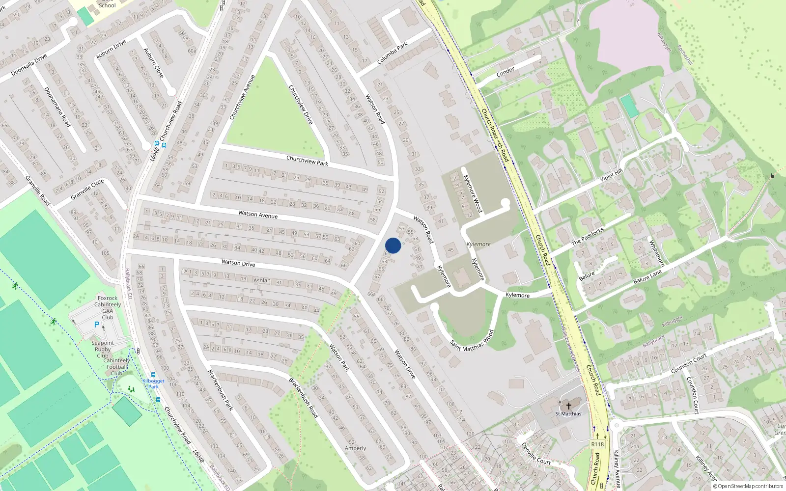 Overhead map showing the location of 59 Watson Road, Killiney
