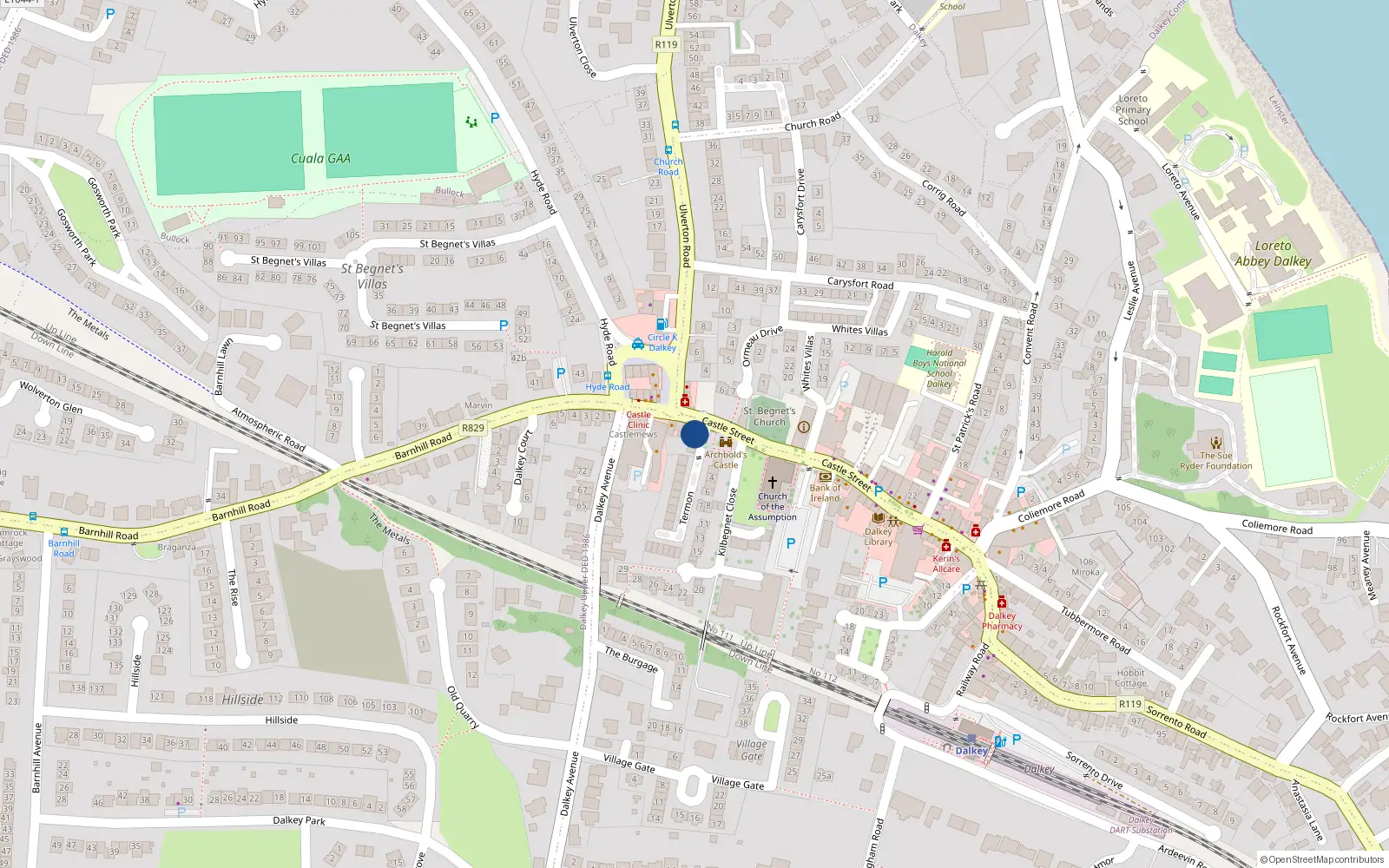 Overhead map showing the location of 59A Castle St, Dalkey, Dublin
